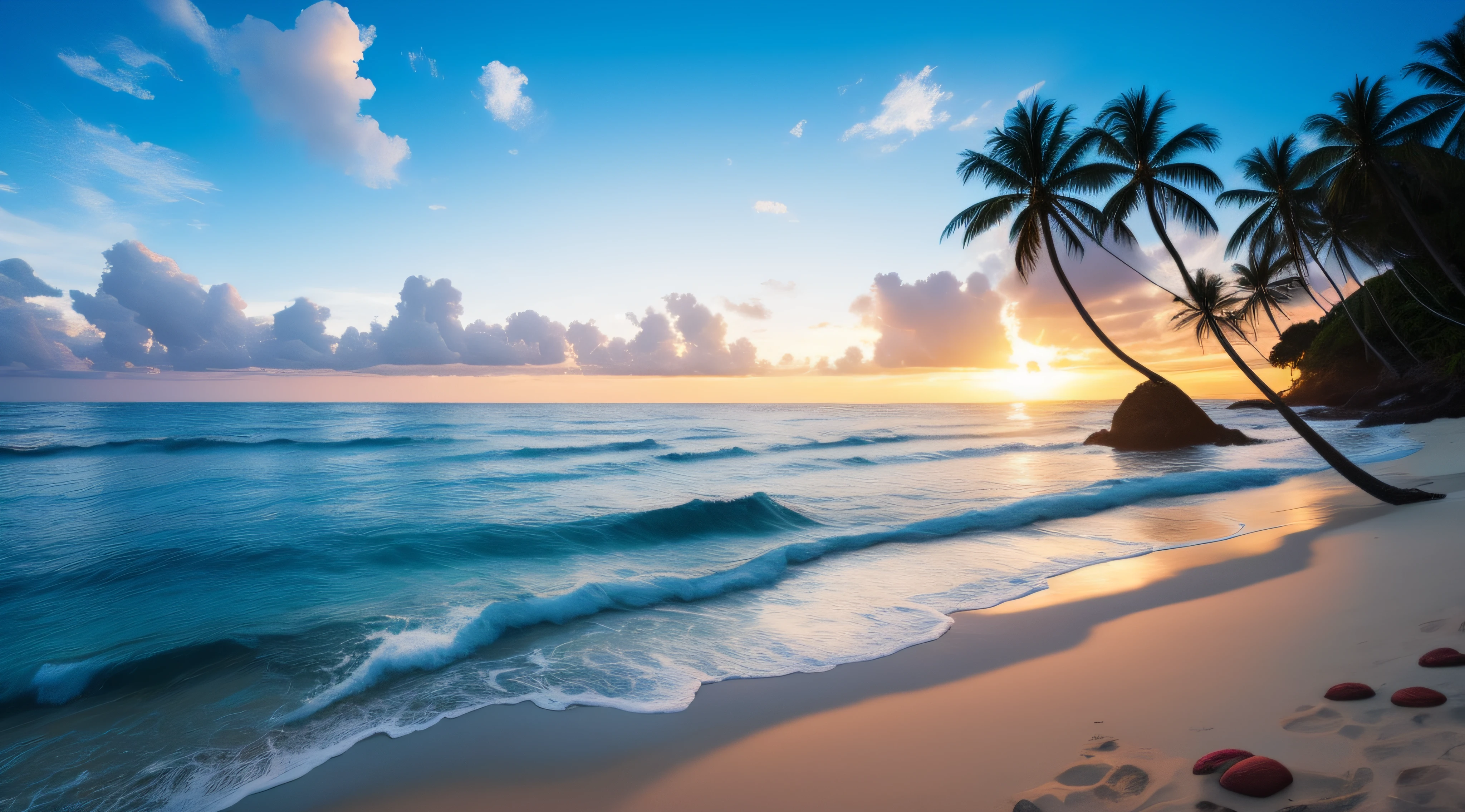 Praia paradisiaca, estrela do mar e conchas, entardecer, ultra detalhado