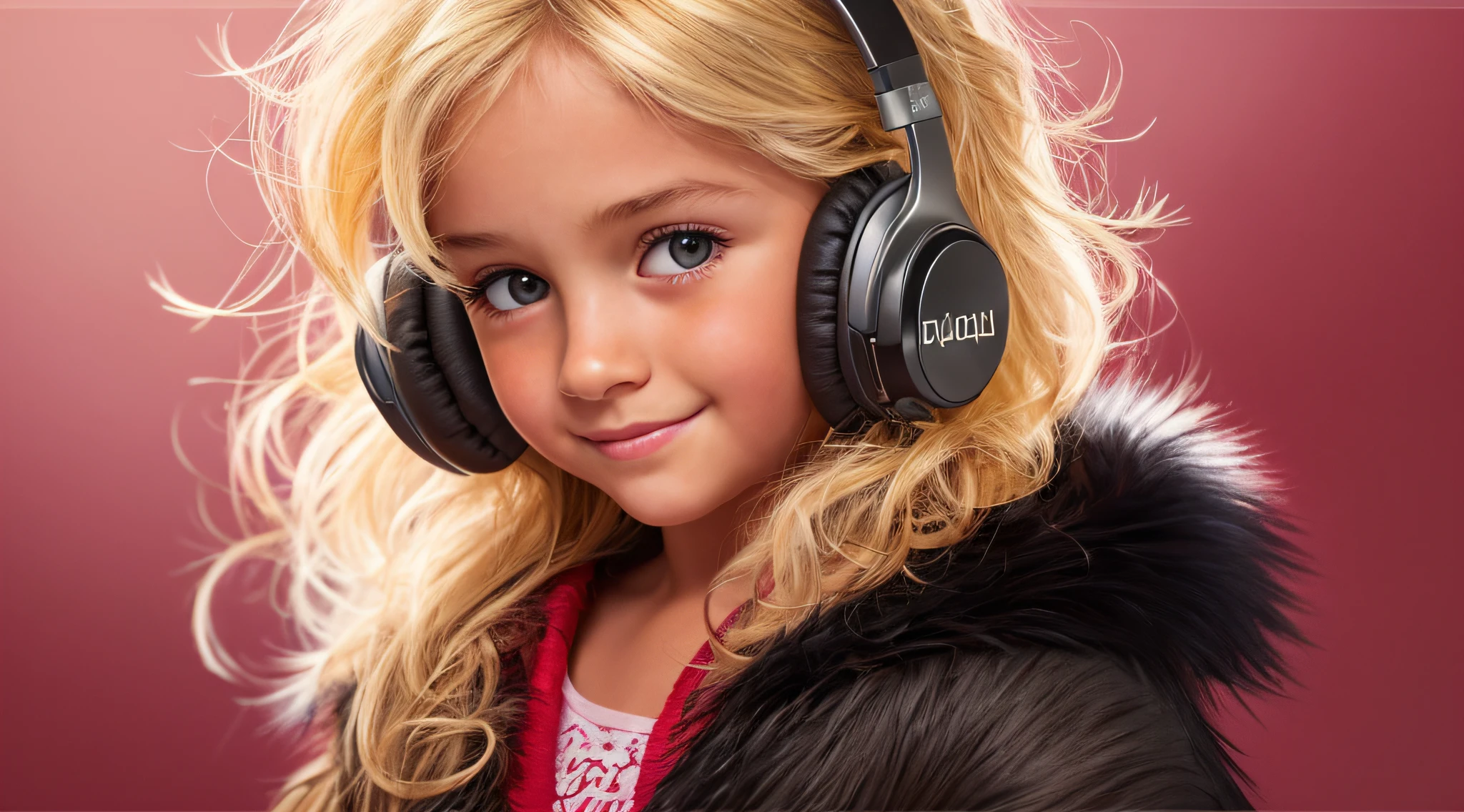 GIRL CHILD 8 YEARS OLD, RUSSIAN STYLE BLONDE HEADPHONES, BLACK FUR COAT, MESSY SHOULDER LENGTH BLONDE HAIR, RED BACKGROUND, BROWN EYES, HAPPY, CLEAN DETAILED FACES, INTRACATE CLOTHES, ANALOGOUS COLORS, BRIGHT SHADOWS, BEAUTIFUL GRADIENT, DEPTH OF FIELD, CLEAN IMAGE, HIGH QUALITY, HIGH DETAIL, HIGH DEFINITION, LUMINOUS STUDIO GRAPHICS ENGINE, BEAUTIFUL FACE