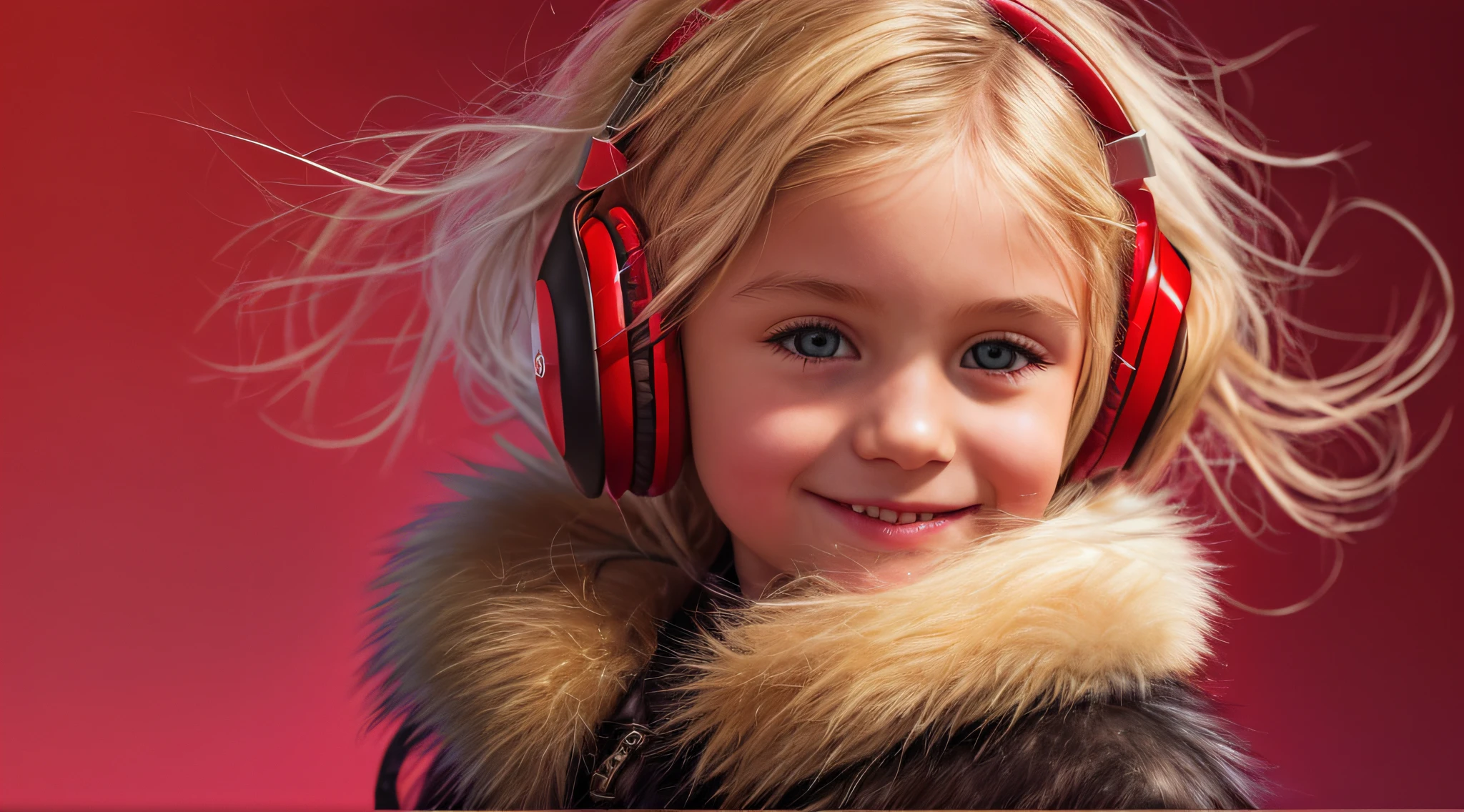 GIRL CHILD , RUSSIAN STYLE BLONDE HEADPHONES, BLACK FUR COAT, MESSY SHOULDER LENGTH BLONDE HAIR, RED BACKGROUND, BROWN EYES, HAPPY, CLEAN DETAILED FACES, INTRACATE CLOTHES, ANALOGOUS COLORS, BRIGHT SHADOWS, BEAUTIFUL GRADIENT, DEPTH OF FIELD, CLEAN IMAGE, HIGH QUALITY, HIGH DETAIL, HIGH DEFINITION, LUMINOUS STUDIO GRAPHICS ENGINE, BEAUTIFUL FACE