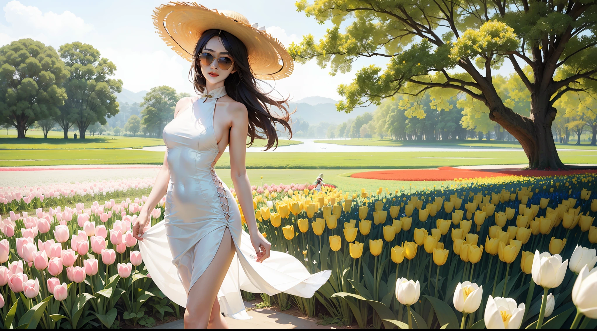 cute very pale chinese 28 year old woman standing in sea of tulips wearing a white skimpy halter dress revealing back, wearing heeled sandals, subtle smile, tall and slim, long wavy hair, wearing sunglasses, wearing a wide beige sun hat, standing in flower field, holding tulips and smelling them, dreamy expression, flower sea, only one person