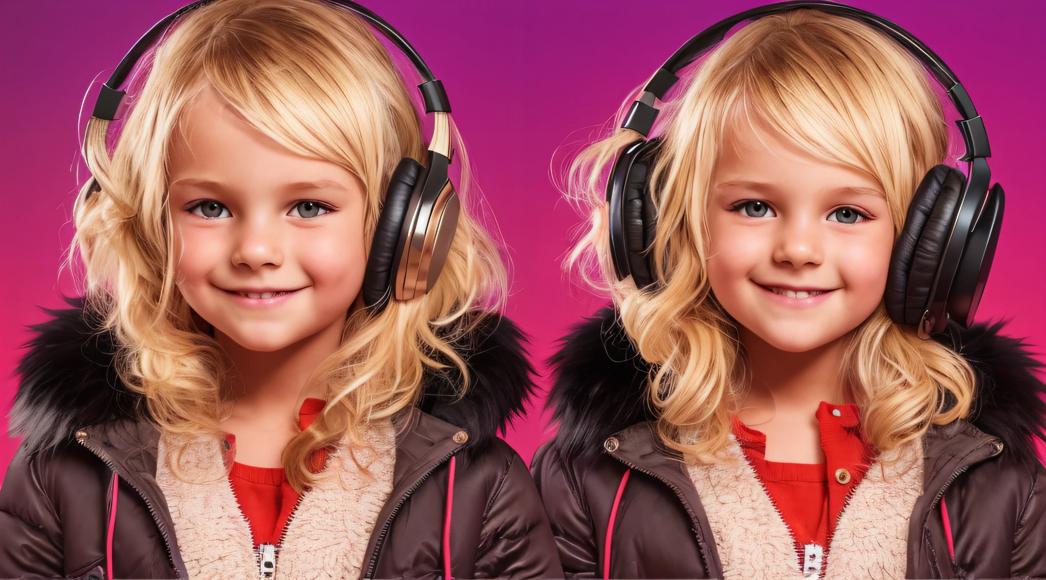 GIRL CHILD 8 YEARS OLD, RUSSIAN STYLE BLONDE HEADPHONES, BLACK FUR COAT, MESSY SHOULDER LENGTH BLONDE HAIR, RED BACKGROUND, BROWN EYES, HAPPY, CLEAN DETAILED FACES, INTRACATE CLOTHES, ANALOGOUS COLORS, BRIGHT SHADOWS, BEAUTIFUL GRADIENT, DEPTH OF FIELD, CLEAN IMAGE, HIGH QUALITY, HIGH DETAIL, HIGH DEFINITION, LUMINOUS STUDIO GRAPHICS ENGINE, BEAUTIFUL FACE