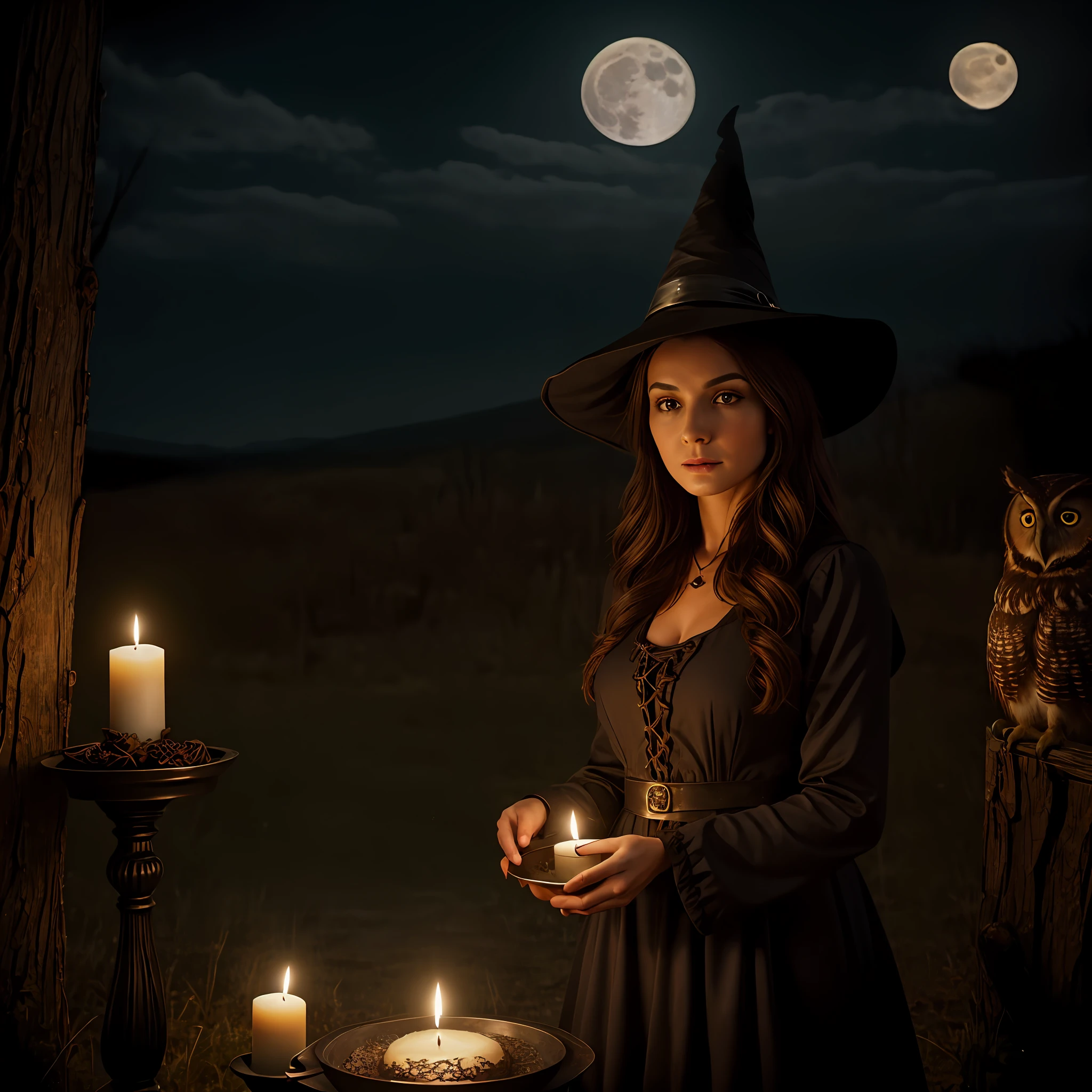 Ultra realistic, one solo witch, brown hair, brown eyes, black dress, black witches hat, bossy, owl, couldron, candles, beautiful but scary, full moon, outside, witches couldron, owl familiar, witchy
