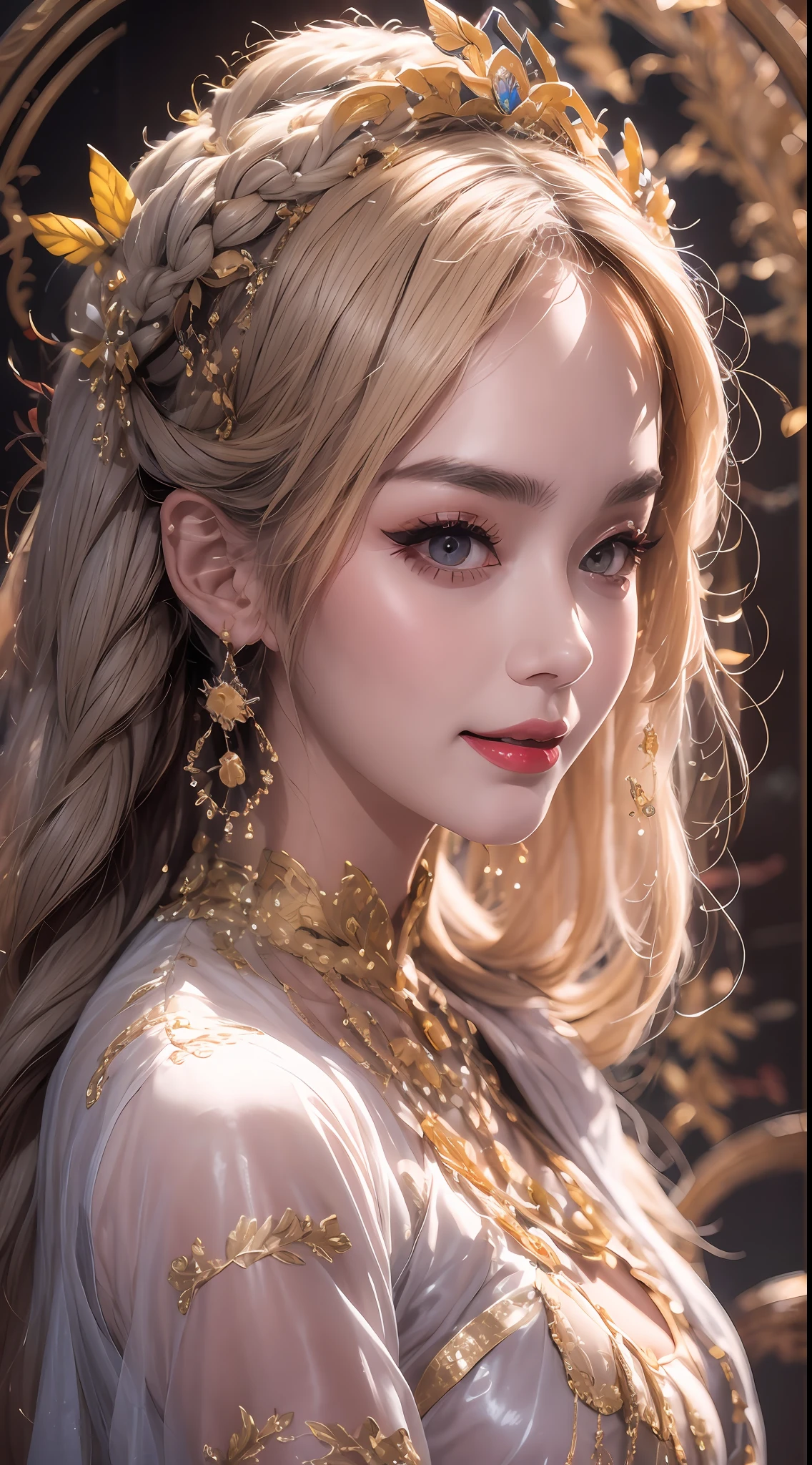 Portrait of a 27-year-old saint,Charming adult saint in a long dress made of thin silk, beautiful saint with an old face, adult, wearing a thin multicolored silk dress, beautiful face without blemishes, (((Natural smile:1.3))), ((7-color hair length:1.2)), big crown, hair brooch, hanfu dress, chinese ancient style, full body jewelry, forehead tattoo, super even chest, face, innocent face, The most beautiful and detailed light red lipstick, ((Thin plump lips:0.3)), delicate pink and white eyes (white and detailed) cinematic, light and dark, dramatic lighting, magical light, extremely detailed light, true color, super sharp, realistic, 8k quality, fantasy universe background, saints and magical space, the most detailed images, ((Solo:0.3)), ((a saintess:0.6)), ((looking directly at the saint's upper body:0.4)), ((smooth skin:0.5)), ((the holy woman's veil:0.6)),