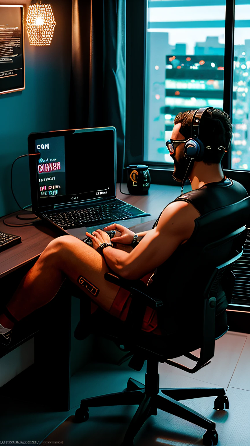 Homem Programador python, cyberpunk, dentro de um apartamento, olhar estrategista, laptop, cinematic, ultra realista, altamente detalhado (obra prima)