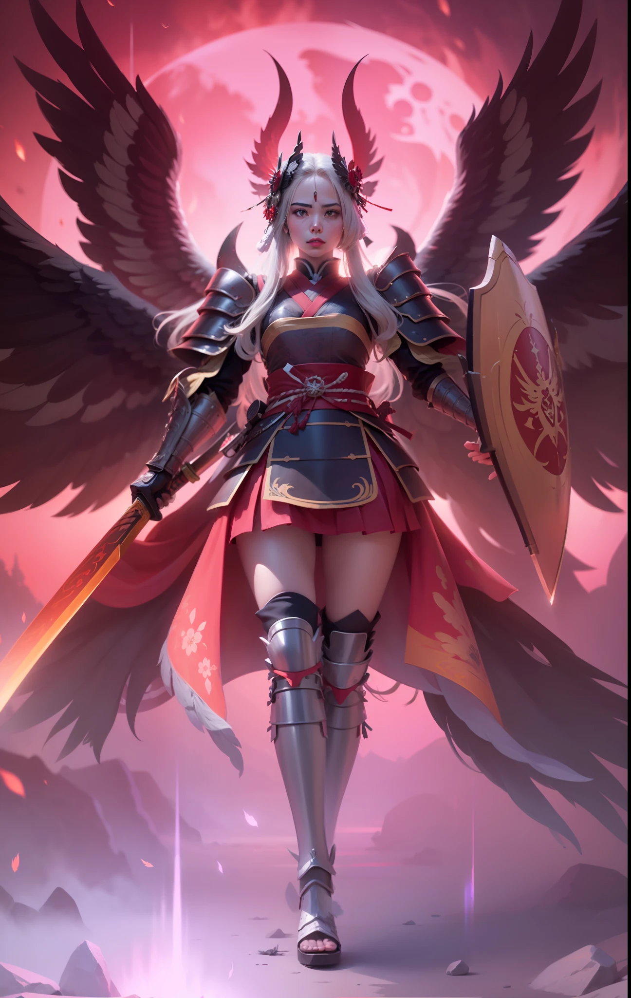 A girl with japanese Samurai Armor, mini skirt, holding sword and shield, white long hair, red lips, beauty girl, big wings, feathers, red moon, red light effect, War angel, 8k, Highly detailed, Best quality, masterpiece, Samurai Armor, realistic, cinematic lighting, RAW photo