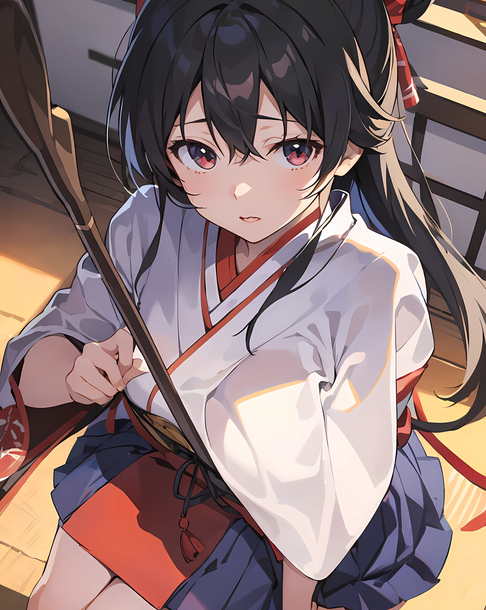 anime girl with long black hair holding a paddle and a paddle, anime moe artstyle, anime visual of a cute girl, anime girl with a bow and arrow, kantai collection style, clean detailed anime art, gapmoe yandere, vivid, dynamic lighting, cell shading, 8k