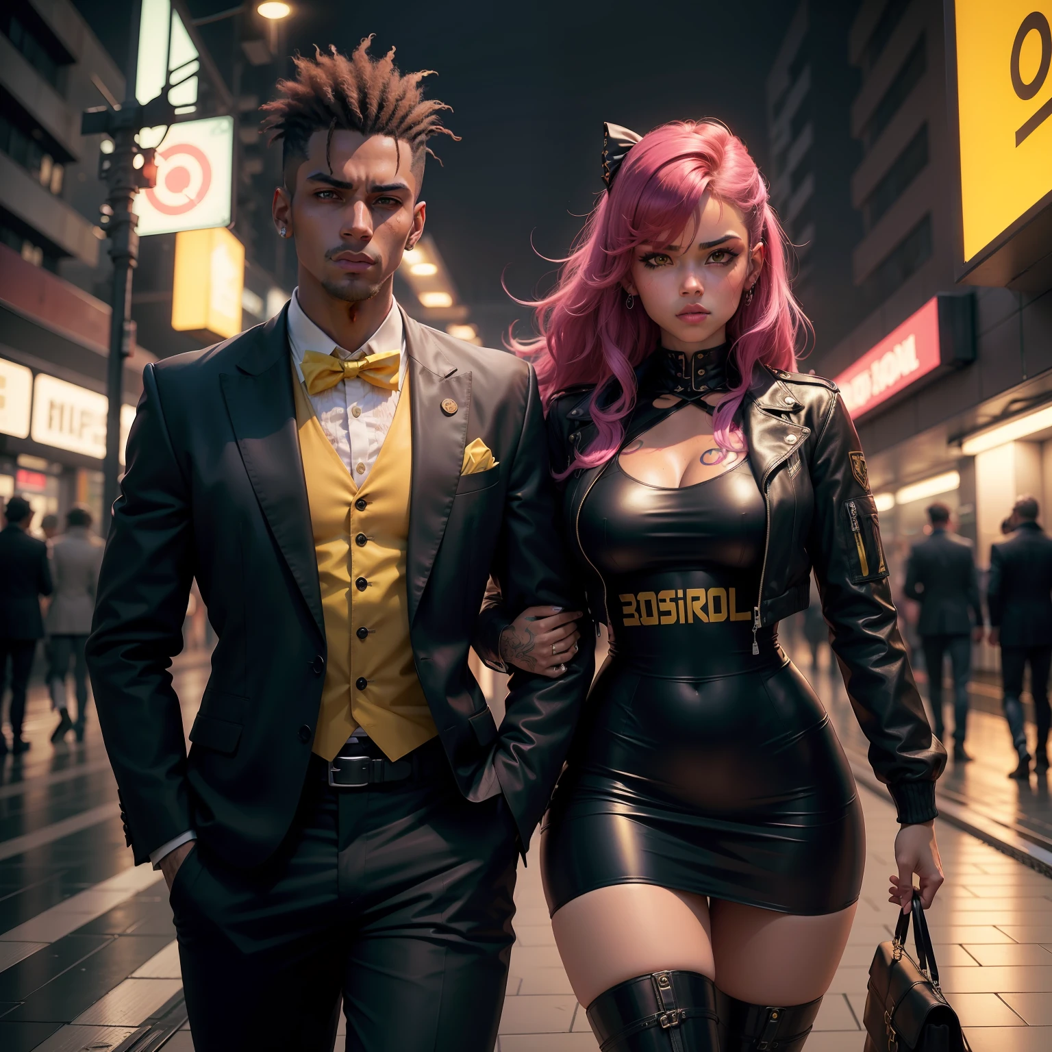 gostaria de uma imagem estilo cyberpunk em 4k de um ,medium shot of two characters , forte, de pele negra ,com cabelo punk estilo anos 80 na cor amarelo e cinza escuro,muito eLegante,, futurista e estiloso neon , com uma tatuagem super colorida e com neon ,Toattoo, facing a metro station on the platform , with station lights failing in a dimly lit environment, standing dressed in a dark yellow suit with a pink bow tie
