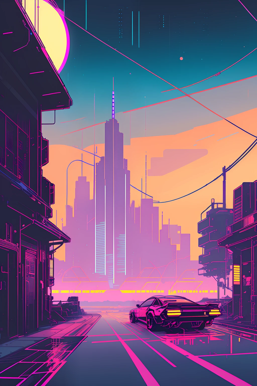 (nvinkpunk:1.2) SNTHWVE style car、lightwave、the sunset、iintricate、The is very detailed