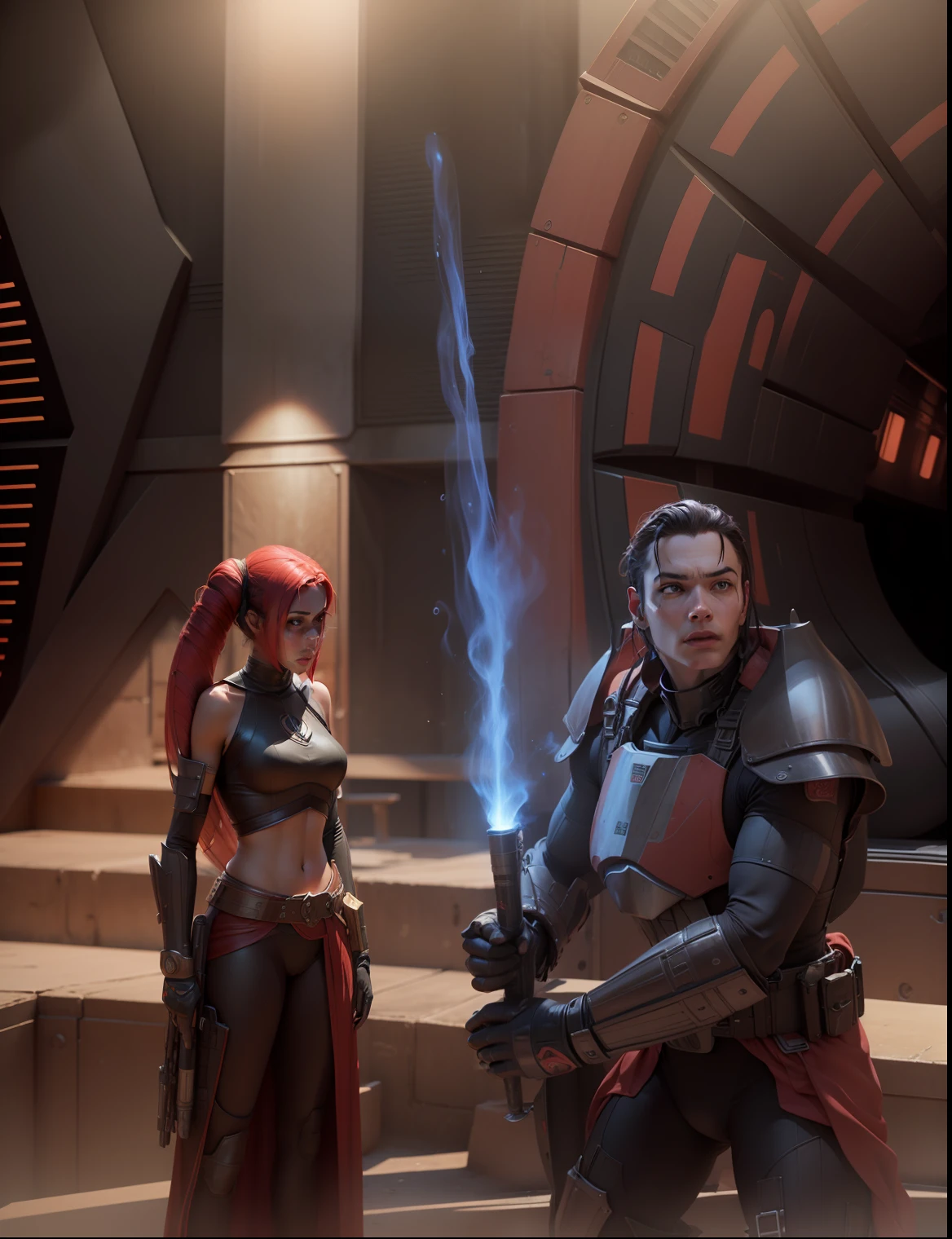 make realistic, 3d graphics, red female on screen is a twi'lek, men in black armor is a human male