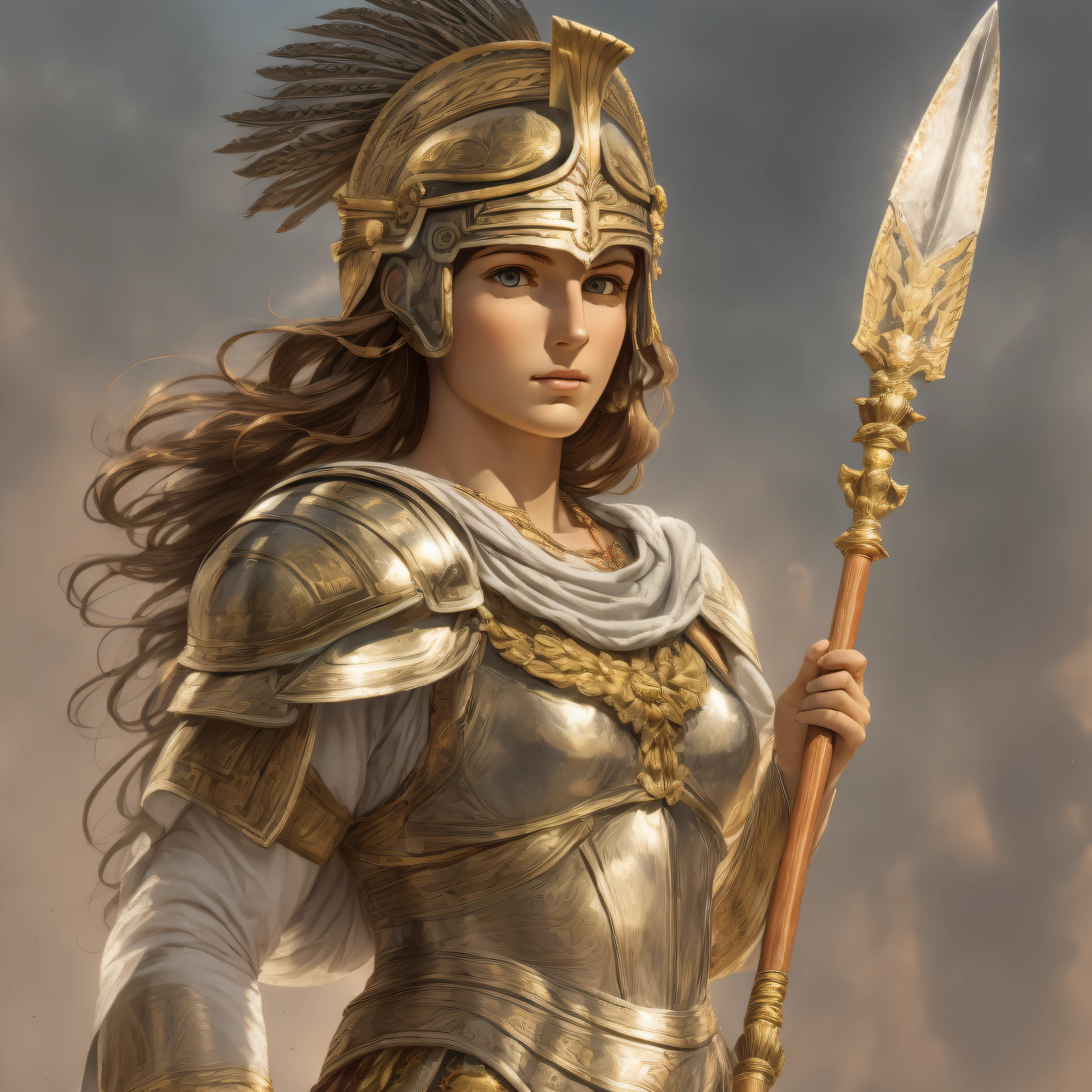 Greek Goddess Athena, brown hair, gray eyes, greek helmet, she is holdind a spear and wearing a light greek armor