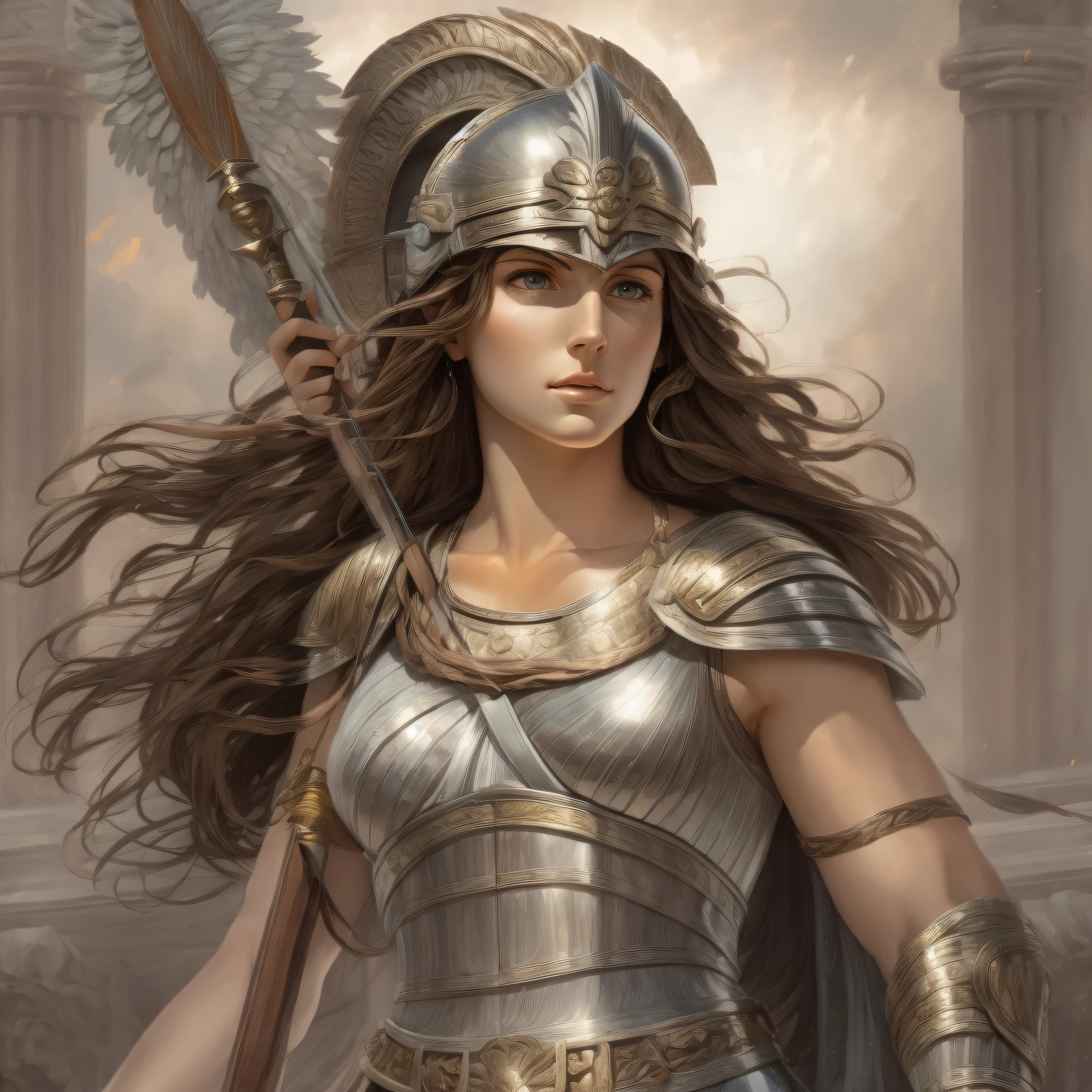 Greek Goddess Athena, brown hair, gray eyes, greek helmet, she is holdind a spear and wearing a light greek armor