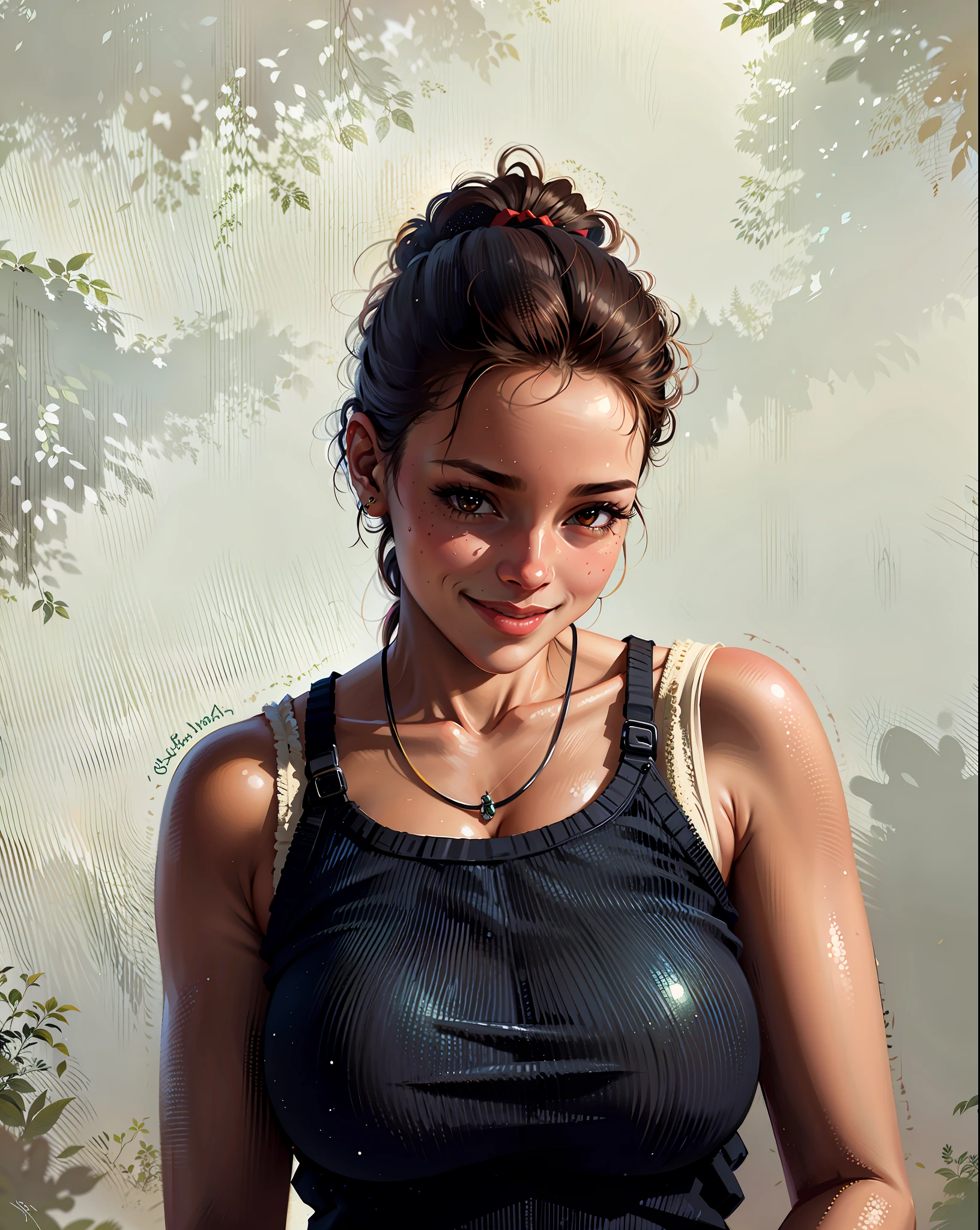 a hyper-realistic portrait of a young woman, smiling, inside a forest, in the middle of nature, 22 years old, realistic, (lying on her side), sexy, (huge breasts 2:1), short brown hair, (hair tied with bows), curved, SFW