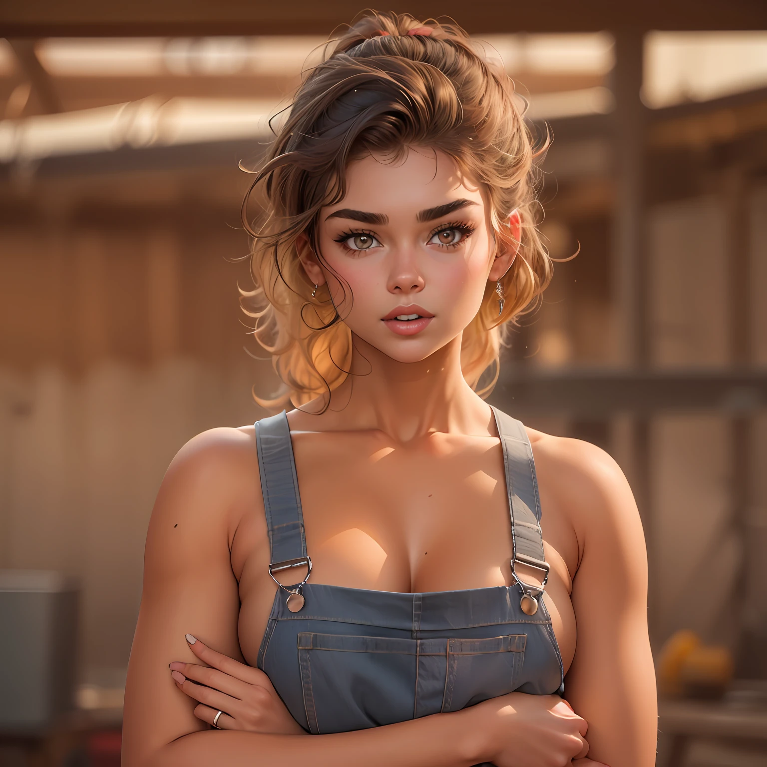 voluptuous body 19 year old girl ("Sarah Hyland", "Brooke Shields"), almond-shaped eyes, thick eyebrows, flushed cheeks, uncovered shoulders, overalls, "no shirt", (nearly without clothes:1.3), Hyperrealism, UHD, best quality, highres, high details, 8k, sharpen focus, construction site