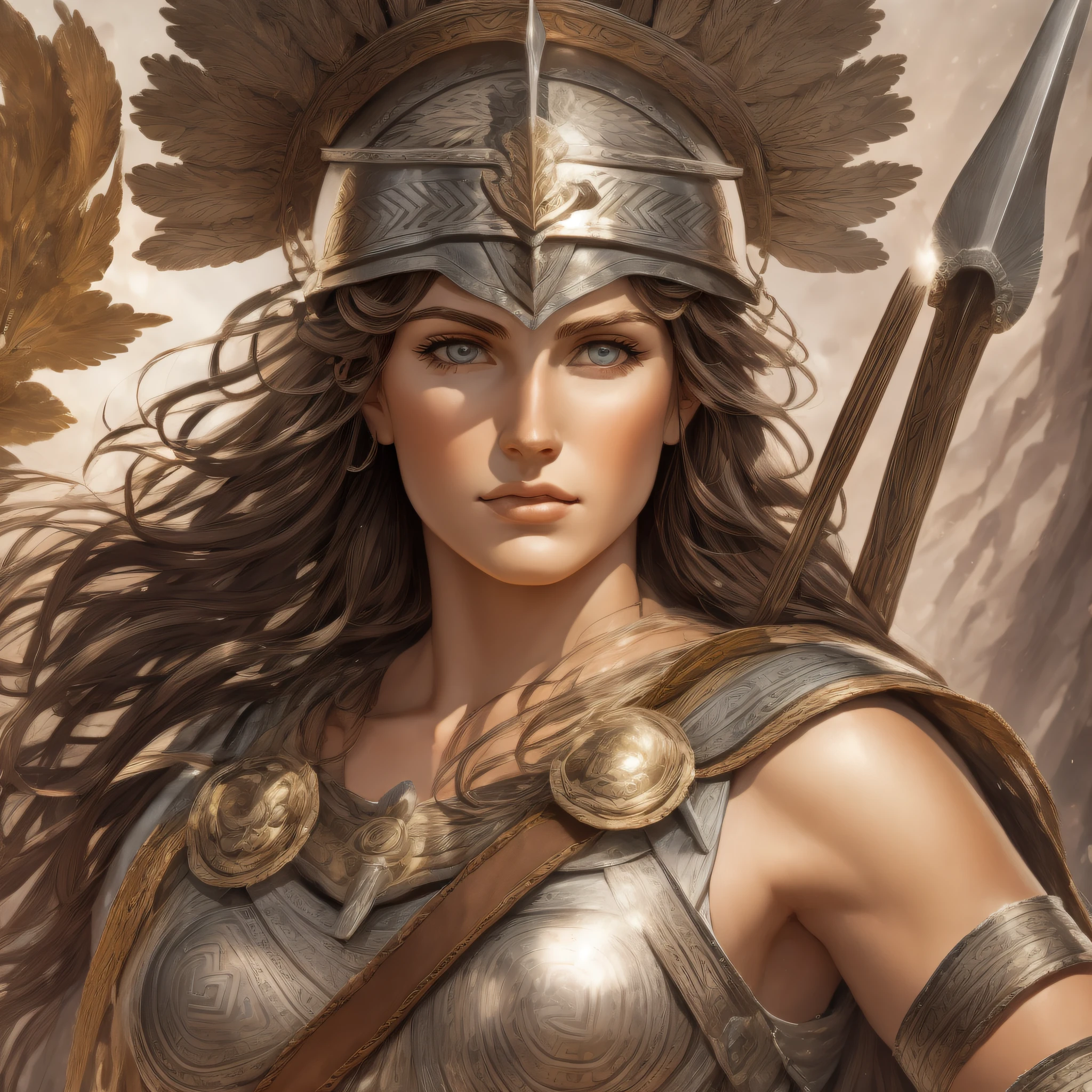 Greek Goddess Athena, brown hair, gray eyes, greek helmet, she is holdind a spear and wearing a light greek armor