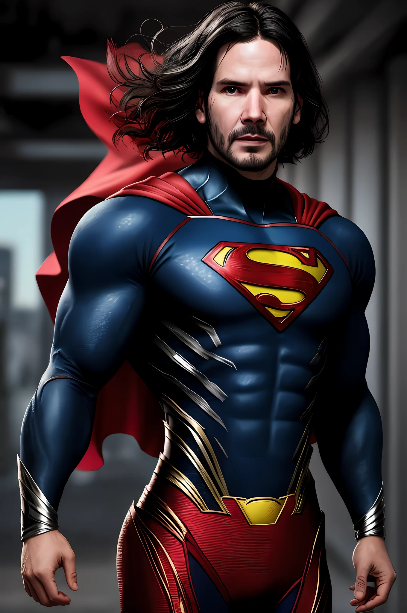 Jonh Wick  como Superman, 40s anos, todos os detalhes pretos e vermelhos terno, large S symbol on the chest, capa vermelha, strain of hair covering forehead, cabelo de corte curto, cabelo arrumado, alto, viril, corpo hunk, muscular, rosto liso, cabelo preto, melhor qualidade, alta resolução: 1.2, obra-prima, foto crua, fundo escuro, terno detalhado, rosto detalhado, foto superior do corpo