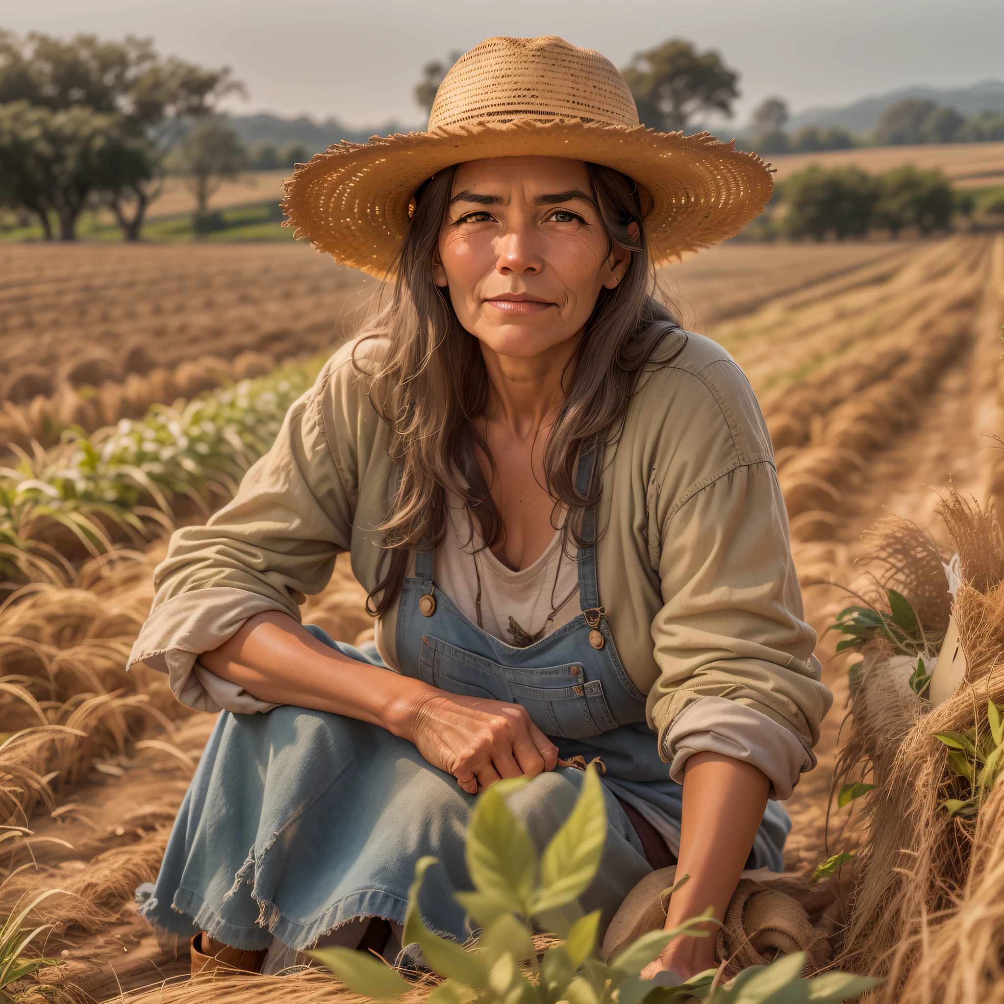 Immerse yourself in the tranquility of a rustic farm while Jane, uma agricultora carinhosa, cuida de uma colheita abundante. With his aged straw hat and worn boots, She cultivates rows of sun-kissed crops, surrounded by lush golden fields that stretch towards the horizon.