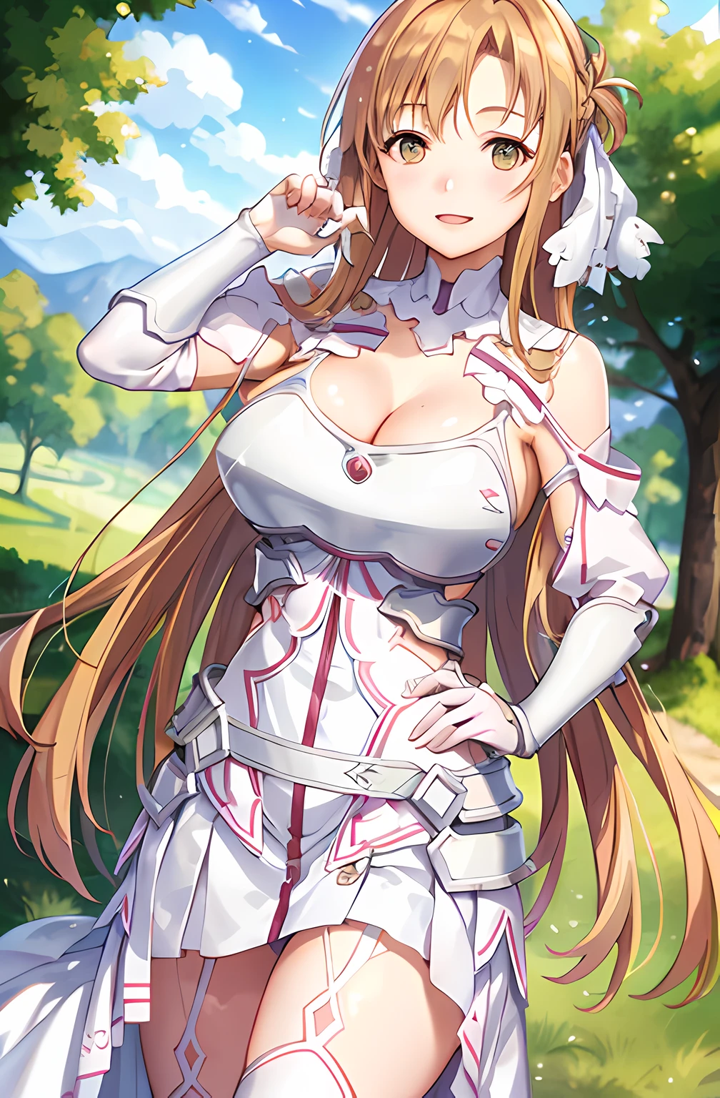 stacia, Asuna, Asuna_\(As estrelas\), 1girll, (Sexy pose:1.2), fantasy, A high resolution,  Original, Realistic, Expressive eyes, (arousing), scenery,  Close_Up, The upper part of the body_Body, (standing in grassy field), Smiling, Solo, (potruding nipple:1.2), Long hair, (Huge breasts:1.0), view the viewer, Smile, Open mouth, bangs ,Detailed eyes, Beautiful background, (on the forrest), Hands on the chest, Orange hair, upper legs, mitts, dress, (cleavage:1.4), (grab tits:1.6), Bare shoulders, Brown eyes, Very long hair, (full bodyesbian:1.5), White gloves,  White dress, (Open chest:1.5), Armor, white thighhighs, a garter belt, breeze, White armor,  abec