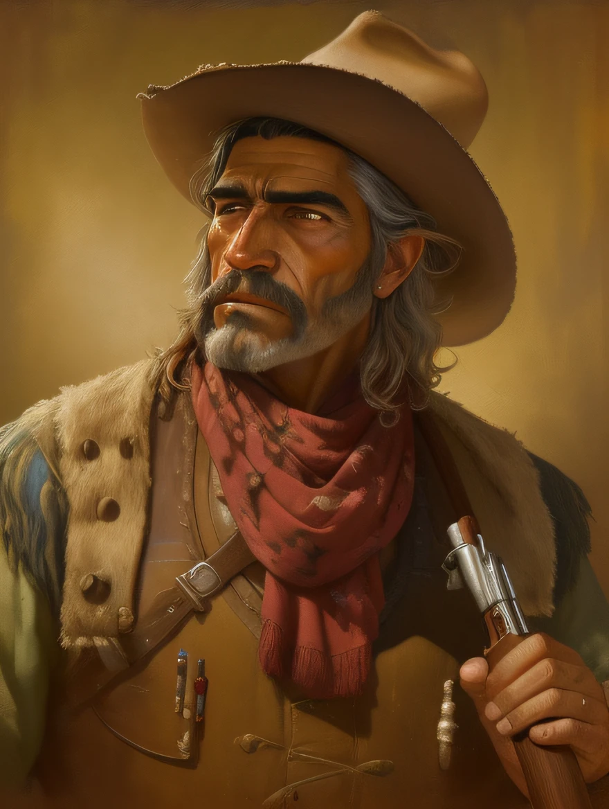 a painting of a man with a gun and a hat, Retrato de um vaqueiro, retrato do vaqueiro, Arte ocidental, pintura ocidental, Morgan chorando, Directed by: Michael Malm, Retrato de um ranger robusto, vaqueiro retrato masculino, vaqueiro, award-winning oil painting, Cowboy barbudo, Tiago Bama, Directed by: Todd Lockwood, Directed by: Randy Gallegos, darrell k doce