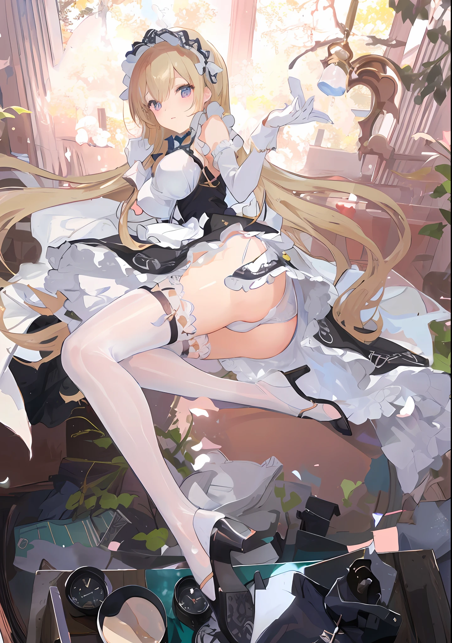 tmasterpiece，HighestQuali，Anime image of a woman in a maid costume sitting on a table, a sexy maid in a magical forest, Splash art anime Loli, loli in dress, Anime goddess, Kushatt Krenz Key Art Women, a maid in a magical forest, anime barbie in white stockings, high detailed official artwork, Best Rated on pixiv, at pixiv