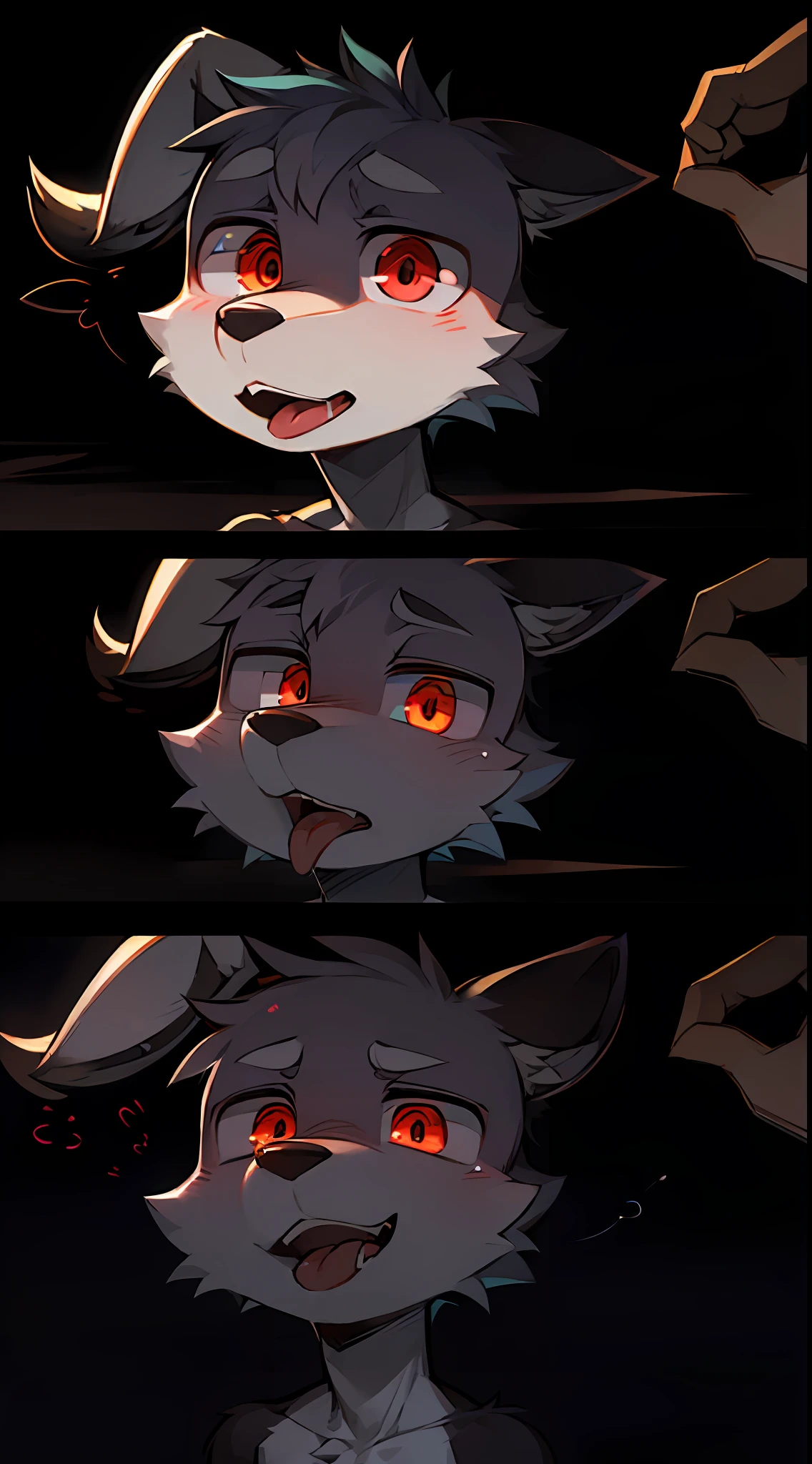 （Slim body+Hypnosis controls brainwashing:1.2）Cute little wolf，male people，The gaze is blank，With a dull expression，Open your mouth and stick out your tongue，drools，Loss of self-awareness，Feel free to play（Dark atmosphere+Strong shadows:1.1）
