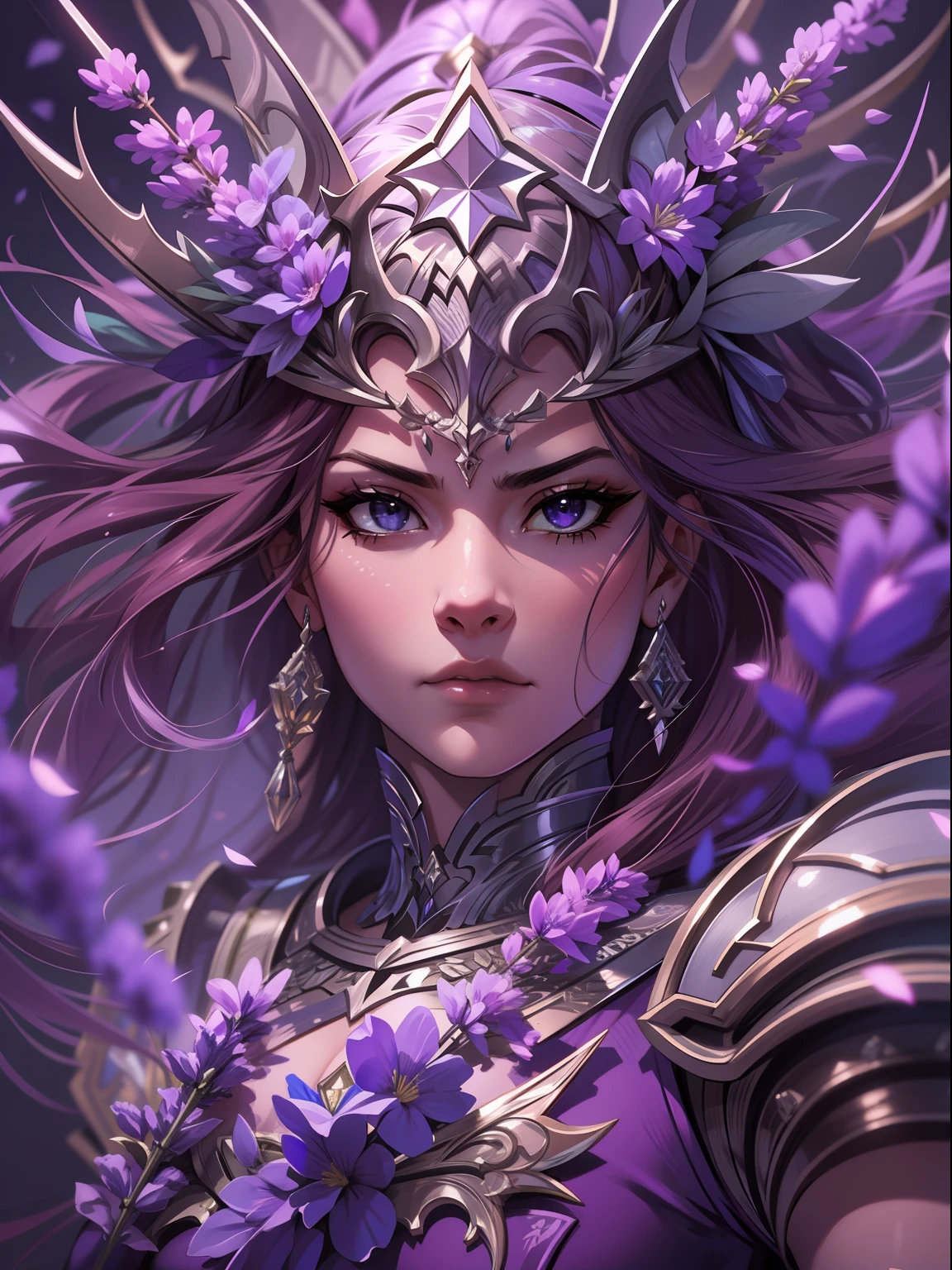 drawing cover, a lavender warrior princess, expression serious, close-up intensity, masterpiece, best quality, ultra-detailed, cinematic beautiful lighting, intricate details, looking at viewer, depth of field-ar 2:3-s 200
