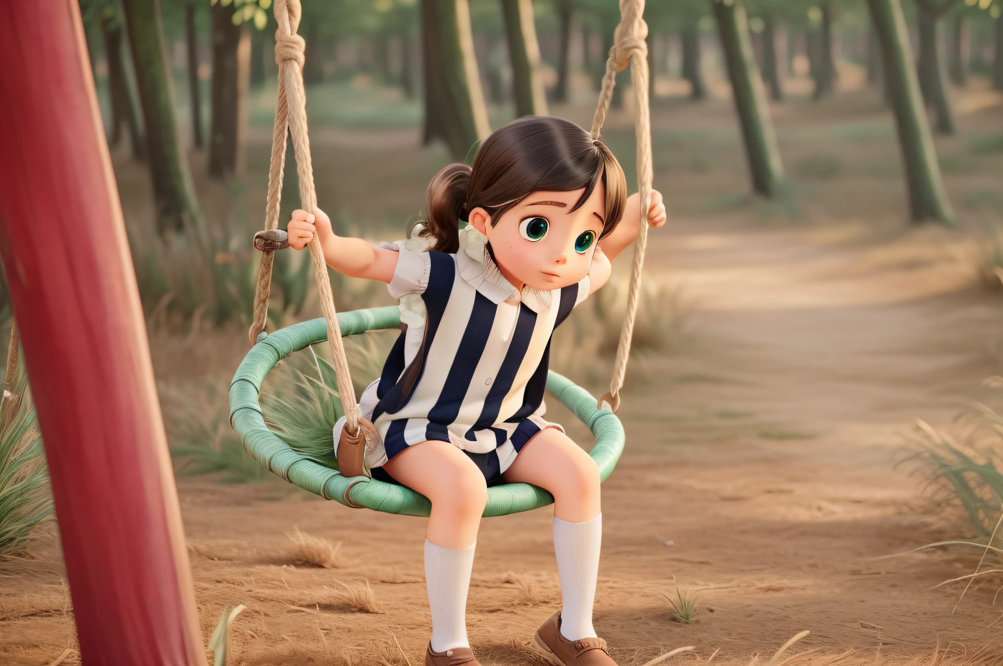 A about 5 years olding,ultra realistic lighting,Ultra-realistic skin texture,Ultra-realistic natural light,Defocused,Wooden swing,light particules,Fluttering hair,Super realistic wood grain,Ultra-realistic grass,Super realistic grass,Warm sunny tones,exteriors,great outdoors,green color,Perfect big eyes,Ultra-real hair,Hair fluttering in the wind