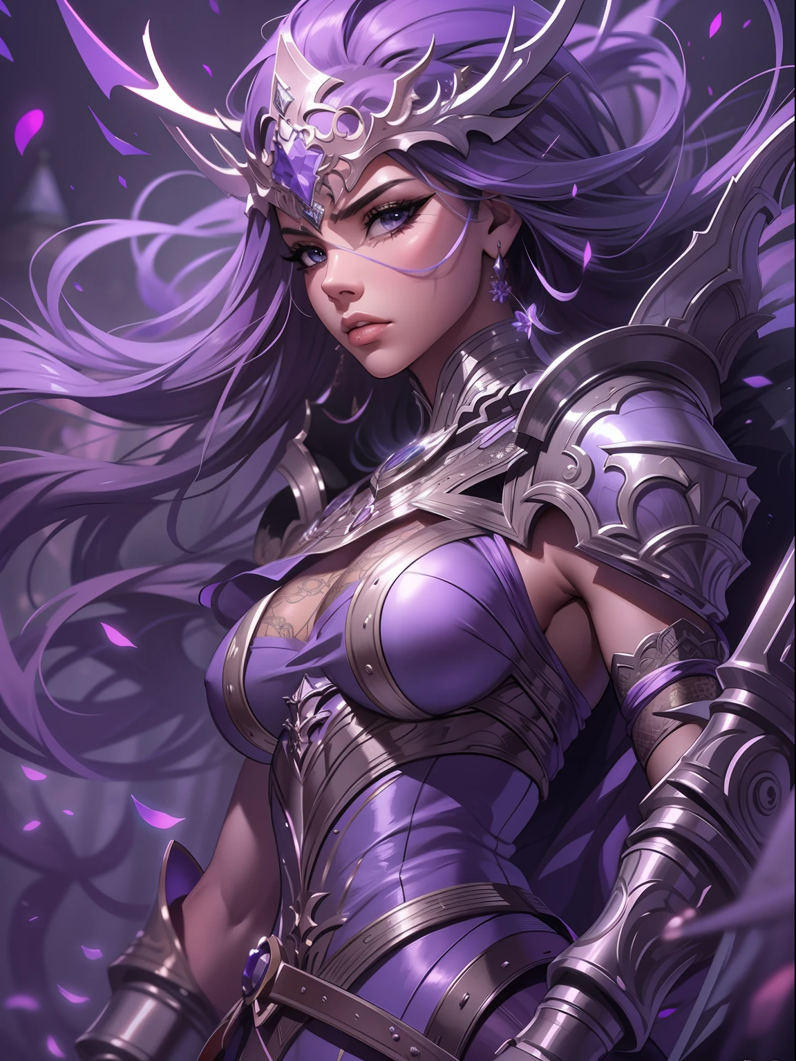 drawing cover, a lavender warrior princess, expression serious, close-up intensity, masterpiece, best quality, ultra-detailed, cinematic beautiful lighting, intricate details, looking at viewer, depth of field-ar 2:3-s 200
