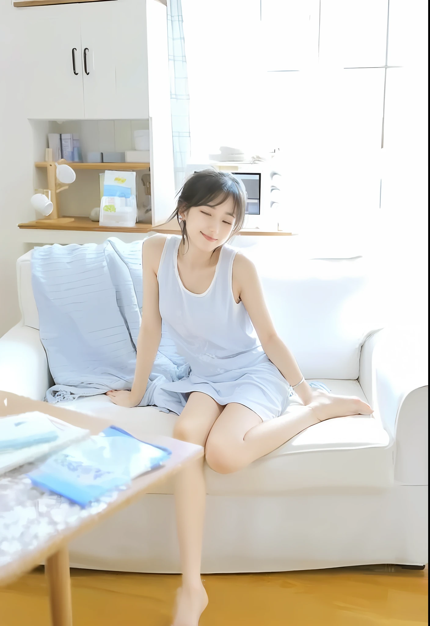 there is a woman sitting on a couch in a living room, sitting in bedroom, sit on a bed, a serene smile, Sitting on the bed, in night gown wearing, Handsome girl, Milky white skin, Lovely smile, Korean girl, Lovely woman, slight cute smile, young and cute girl, cute korean actress, Good young girl, Charming smile, relaxing mood