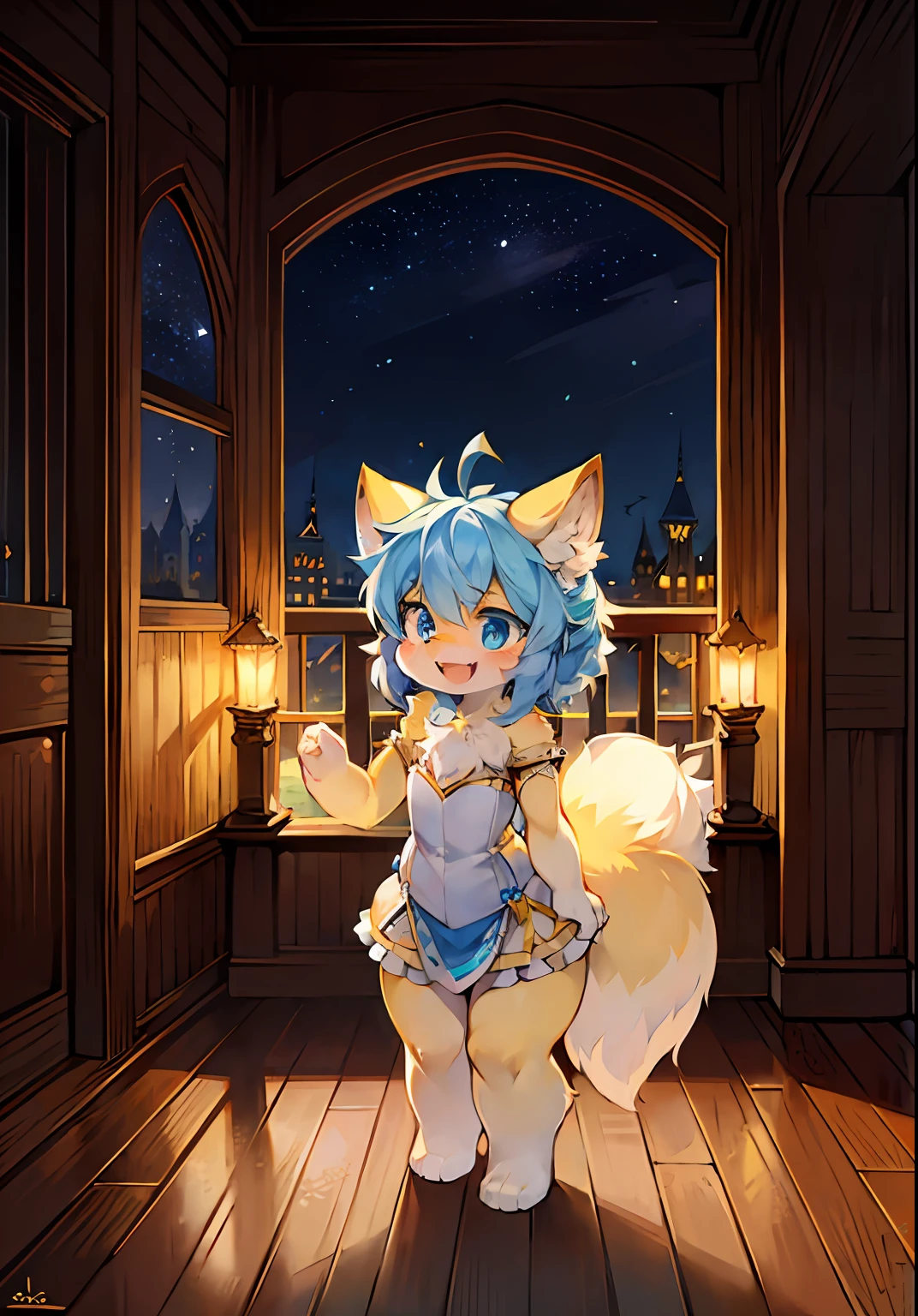 Bright eyes，in a panoramic view，focal point，Detailed background enhancement（0.7），独奏，Furry fortification，Furry female，female focus，anthr，Full Body Furry，Fluffy tail，eBlue eyes，Yellow skin is strengthened，Young，Small and cute strengthened，Laughing（1.2），Long canids strengthened（1.2），interiors、the night、The castle was strengthened（1.1）