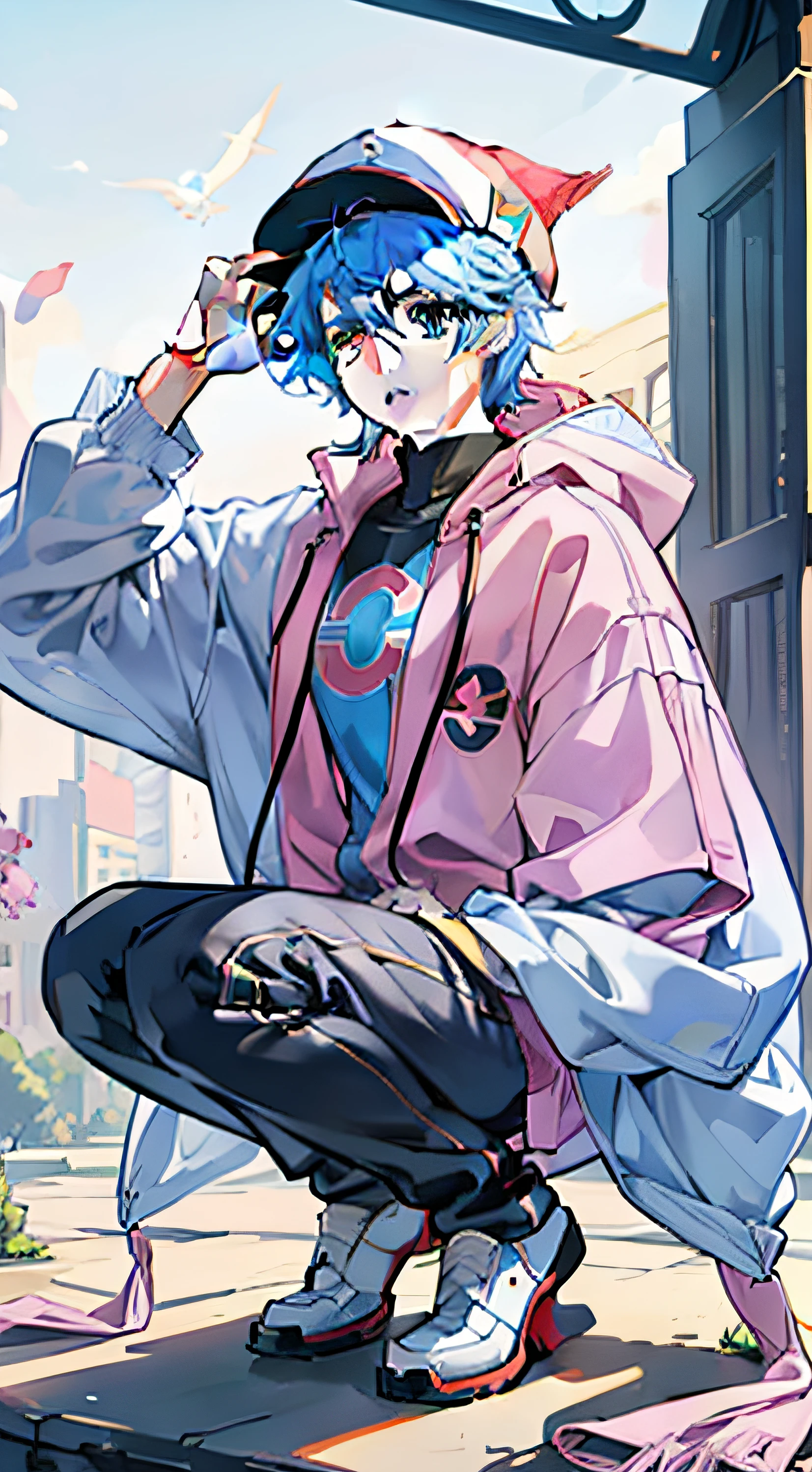 Anime youth in pink hat,animesque、pink headwear、single body、Niō Standing、Pentatosomy、ember、 1人、Equal to the size of the body、Blue hair、short-haired、simple background、White background、blue eyess、parka、a cool、mano、I'm fixing my hat、full bodyesbian、ember、shoun、twinks、pokemon anime style,, pokemon trainer, Pokémon Cap, Cute:2, Cute!!!, Cute!, cute artwork, Cute, ohwx, Cute Boy,blue clothing、Black pants、shoe