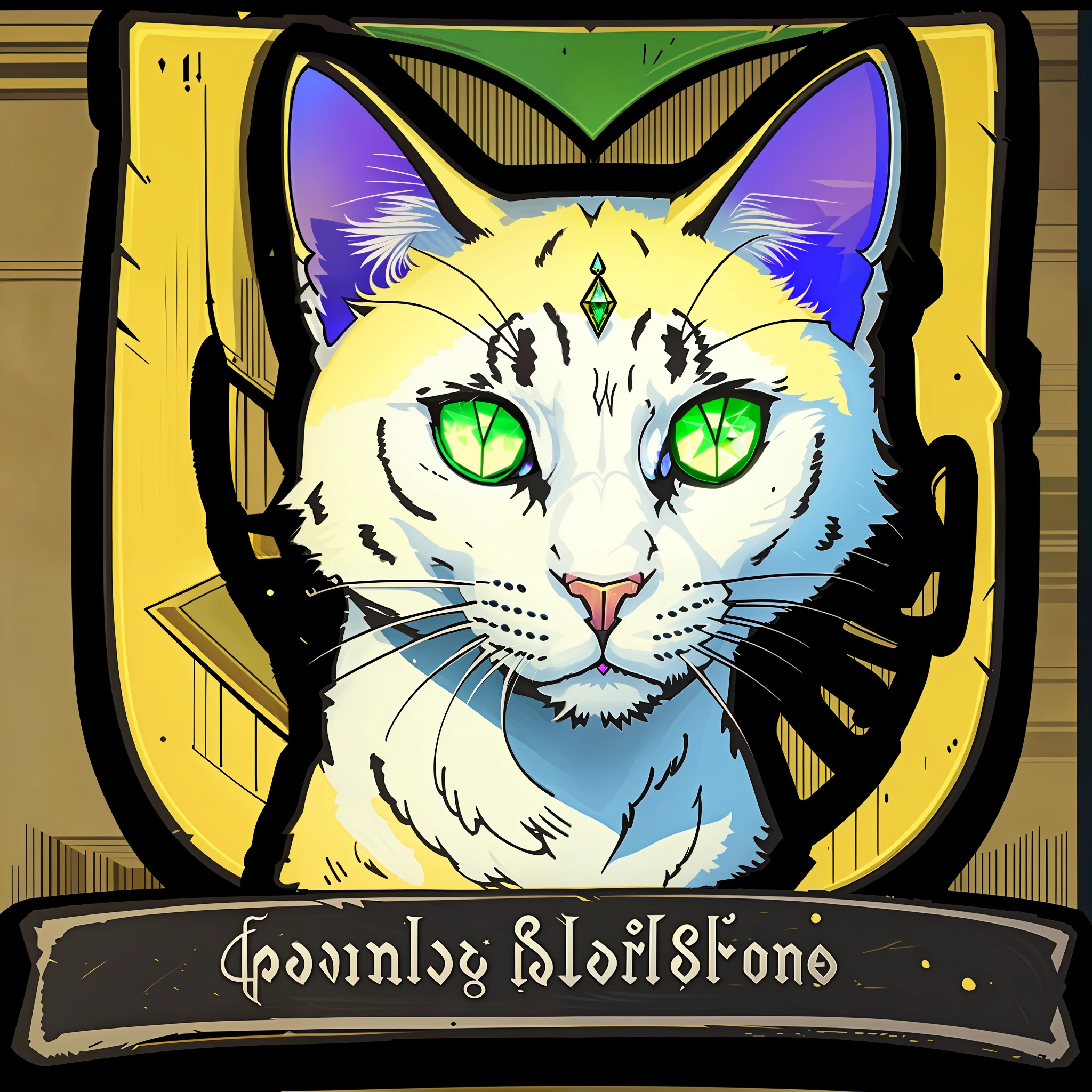 Emblem of the game with a cat's head and a green diamond, Black Cat, yellow eyes, above the cat's head is a green glowing diamond from Sims 4, icon