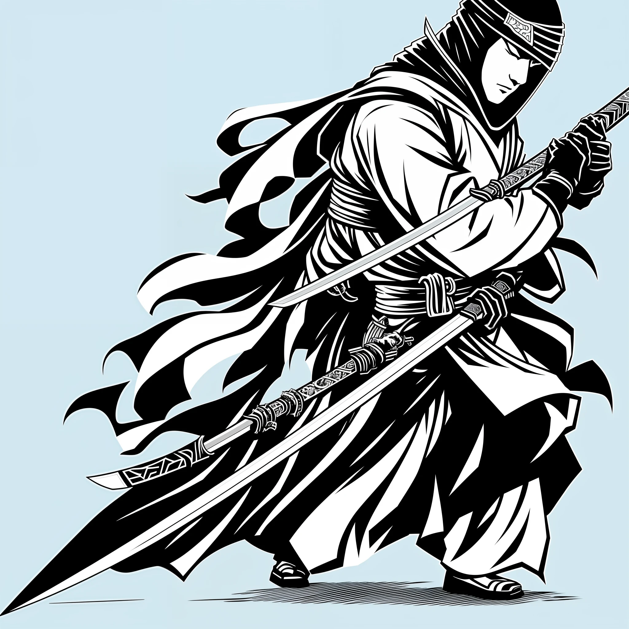 crie um ninja, homem, cabelo curto. standingn, de corpo inteiro, fundo todo branco, estilo desenhado, roupa roxa, com uma katana,