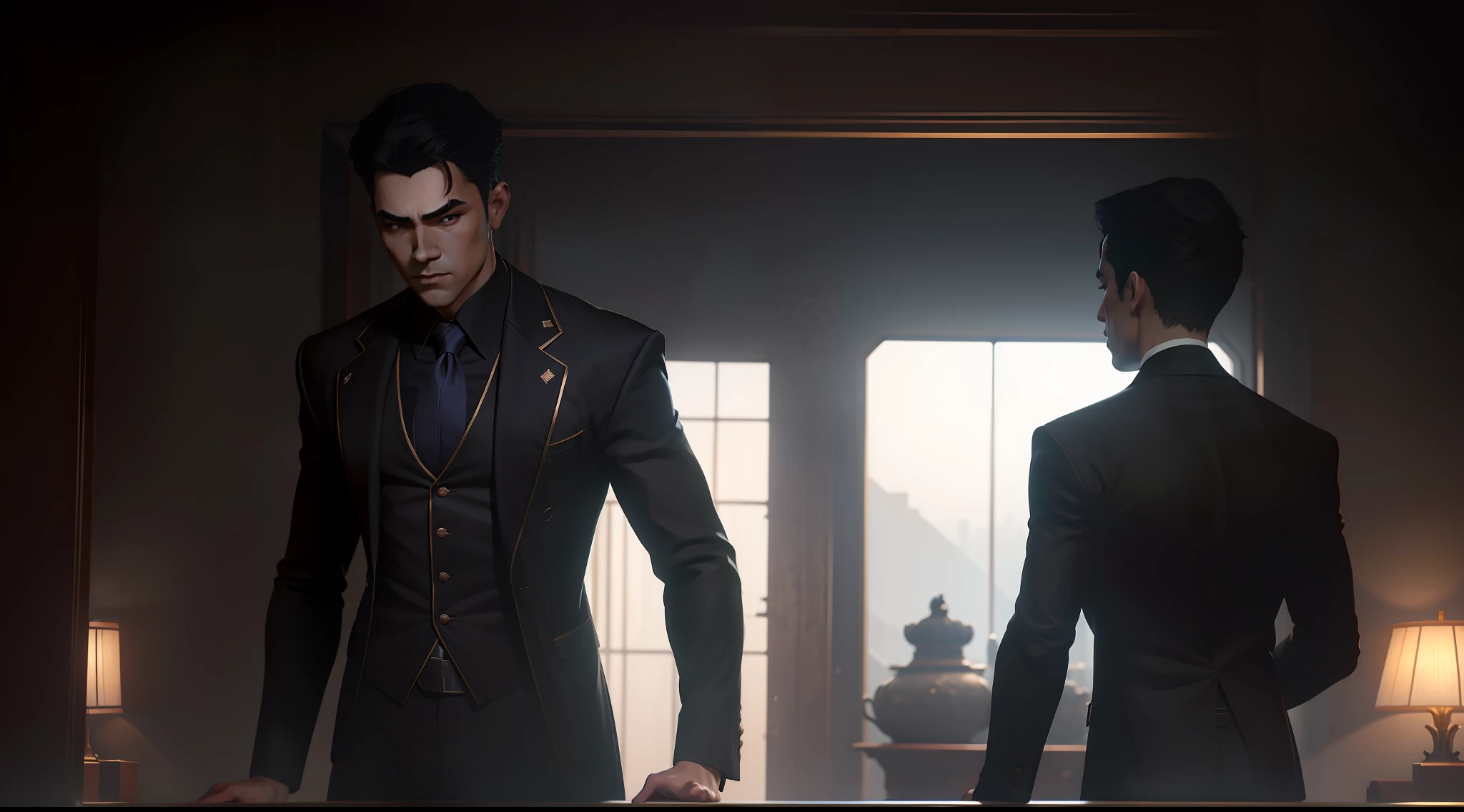 Best quality,Masterpiece,超高分辨率,(Fidelity:0.5),Original photo,Cinematic lighting, 1boy,full bodyesbian,Black hair, (horizon), suit,Black shirt and black pants,Affectionate eyes