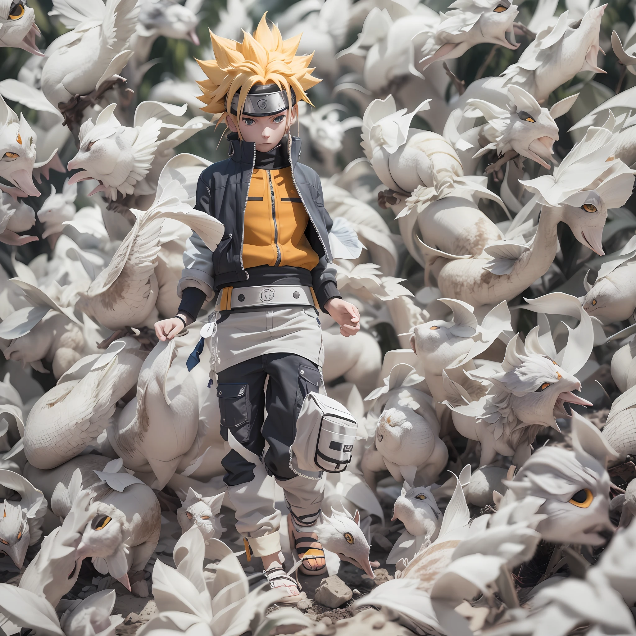 Naruto, Naruto Shippuden, cabelo requintado, Arm representation, sapatos requintados, representation of the eyes, cabelo requintado, caixa cega popmart, textura de argila, pisando na terra, fundo preto e branco, natural  lightting, a maioria de boa qualidade, super detalhe, Arte 3D, c4d, renderizador OC, 3D-rendering, 8k