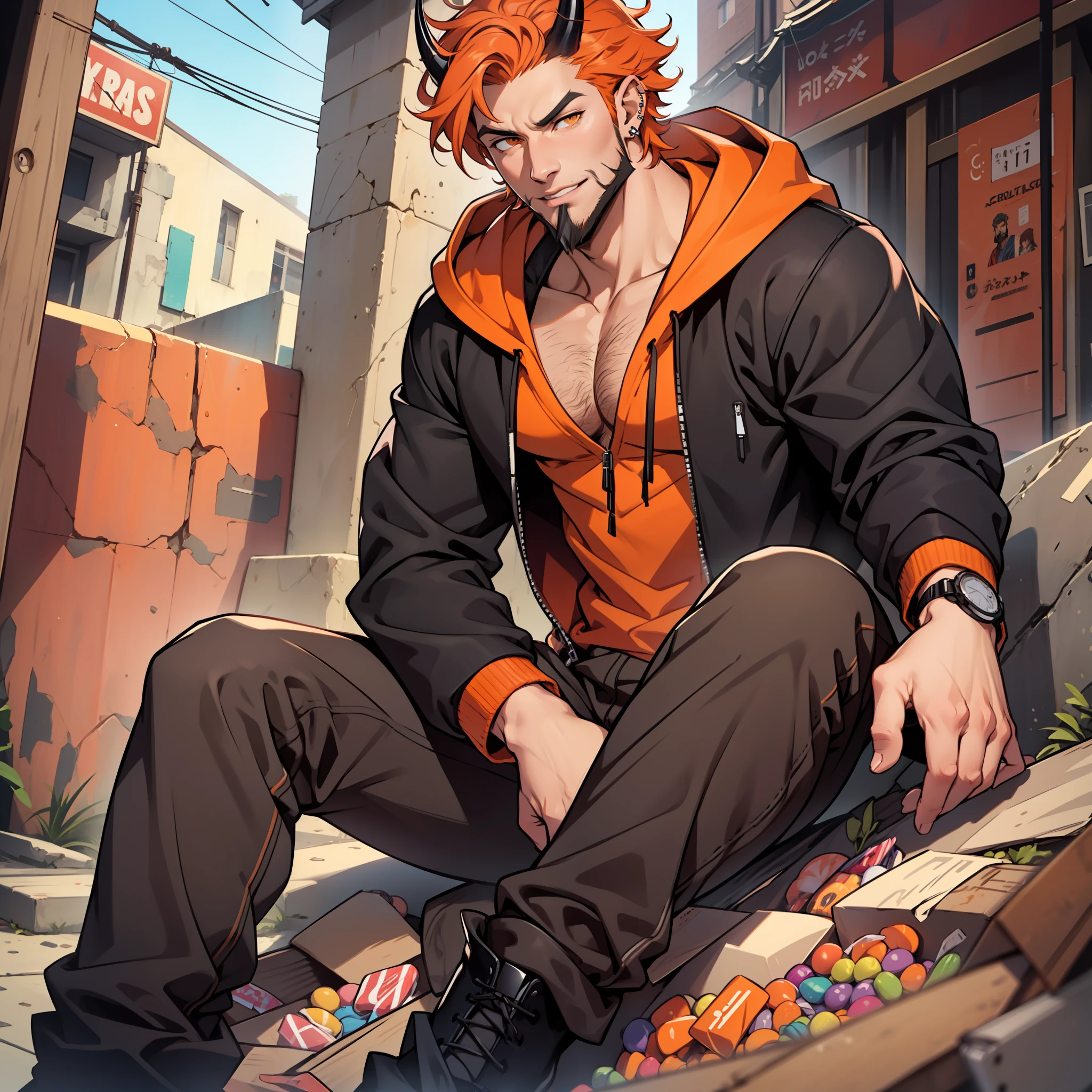 Handsome male, orange hair, short curly hair, orange eyes, horns, bara, smirk, soft features, beard, roman nose, black hoodie, chest harnes, black pants, black boots, big bulge, piercings, eating candy, good quality