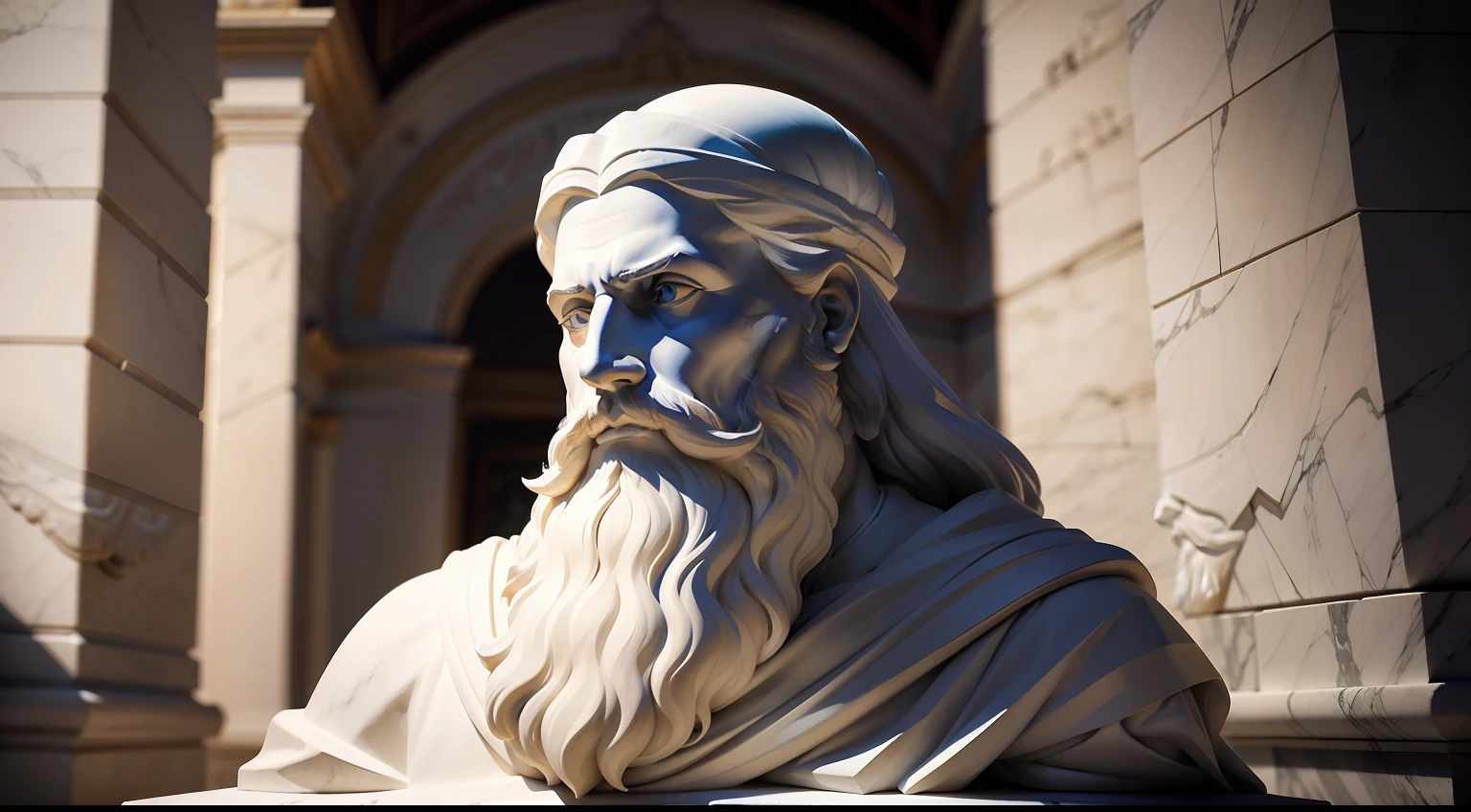 White marble statue of wise man with beard Greek philosopher style in museum. Atmosfera dark, ato contraste de u e sombra, fotografia profissional, utra realista