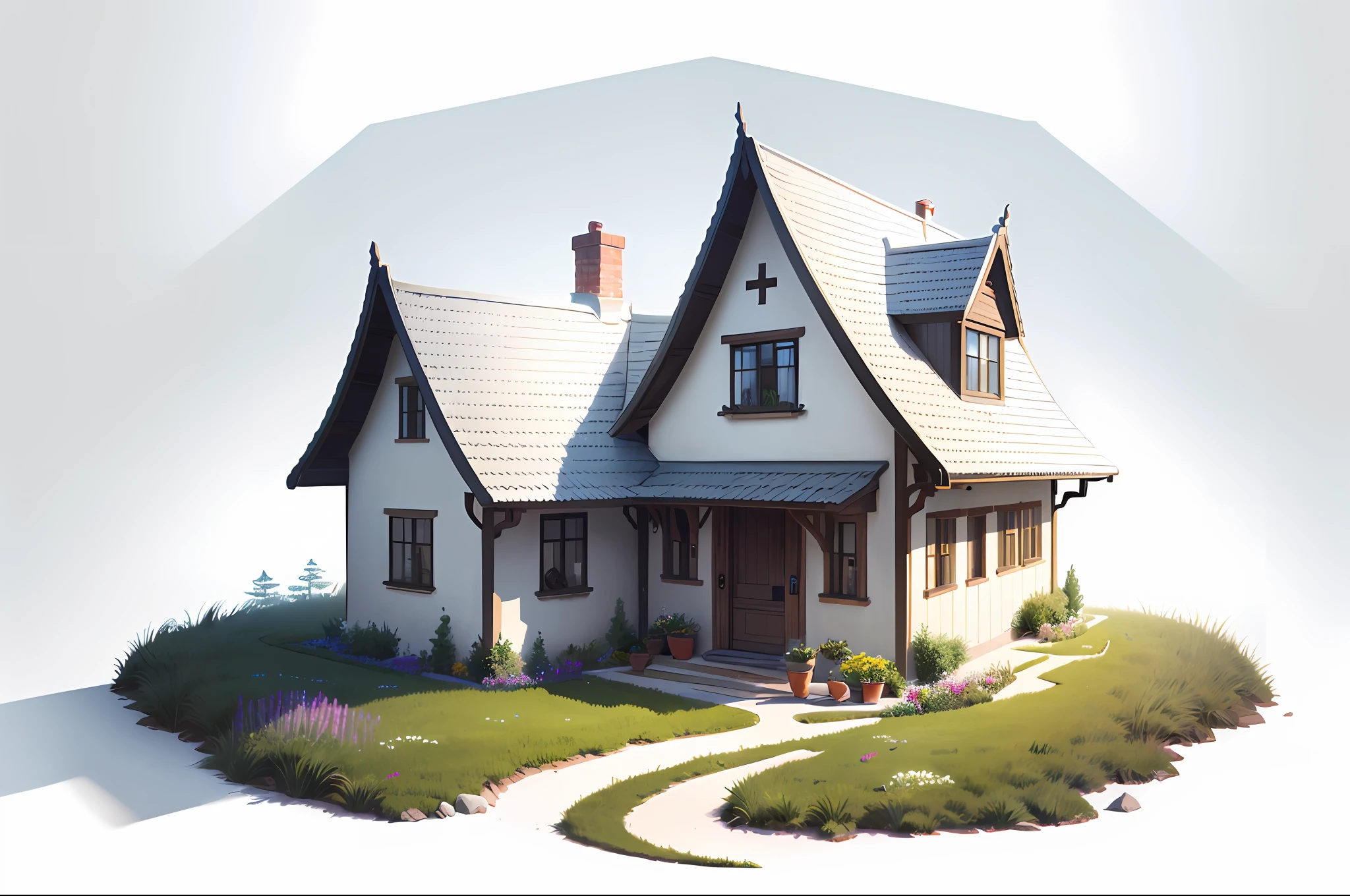 [(white background:1.5)::5], isometric OR hexagon ,masterpiece, best quality, ultra-detailed, illustration, scenery, ultra high res, (white background:1.5), no humans, scenery, tree, outdoors, sky, grass, day, cloud, water, blue sky, building, flower, nature, house, bird, window, river, bush , rainbow,