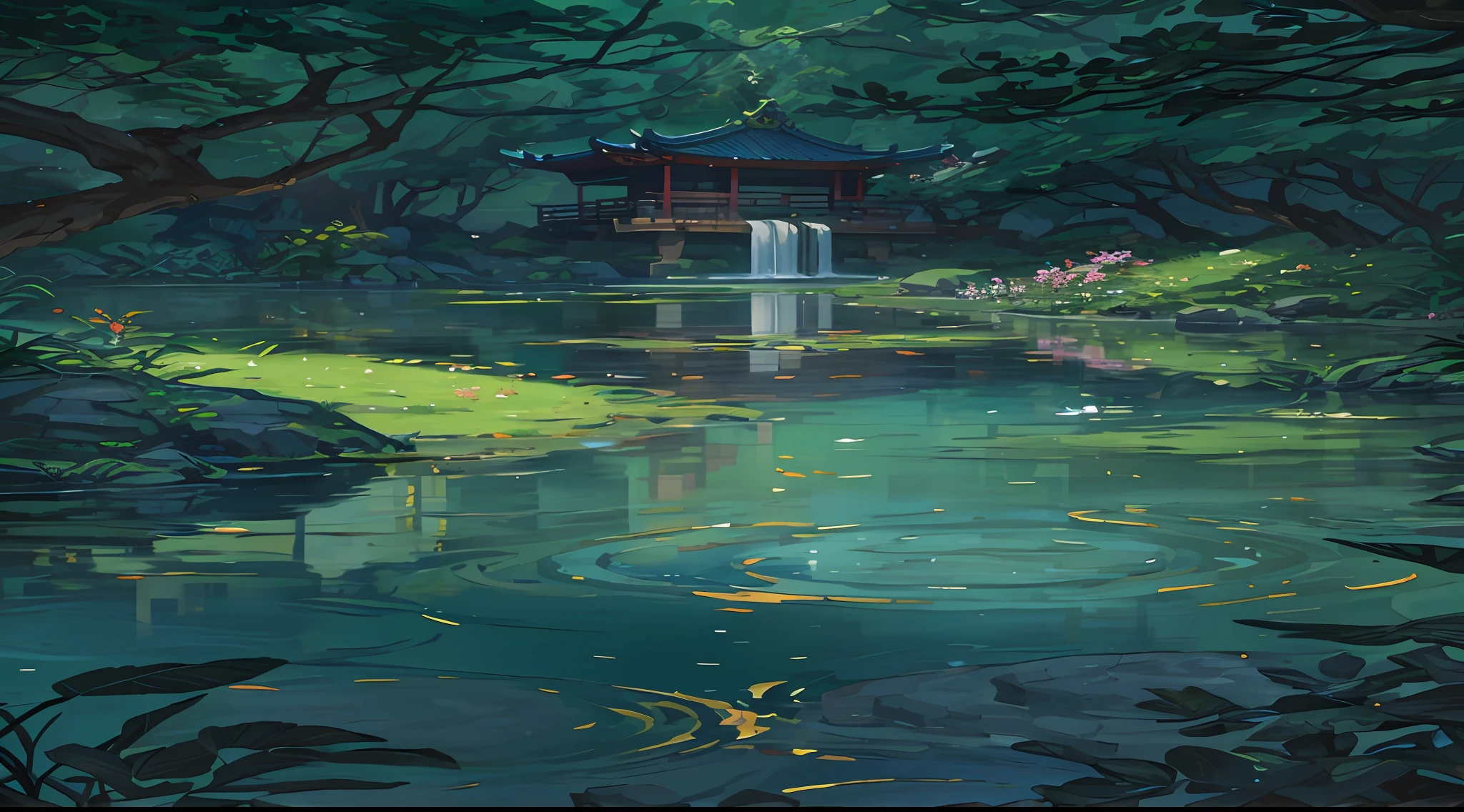 Chinese ancient times, spring, jungle, lake, cave, waterfall, tree, meadow, rock, deer, hot spring, water vapor, (illustration: 1.0), epic composition, realistic lighting, HD details, masterpiece, best quality, (very detailed CG unified 8k wallpaper)