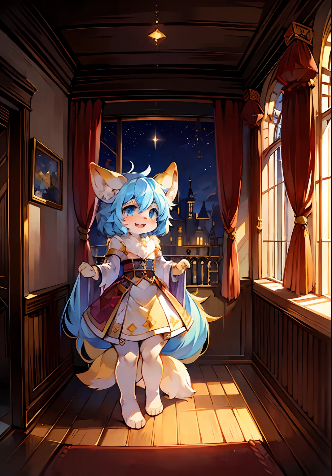 Bright eyes,in a panoramic view,focal point,Detailed background enhancement(0.7),独奏,Furry fortification,Furry female,female focus,anthr,Full Body Furry,Fluffy tail,eBlue eyes,Yellow skin is strengthened,Young,Small and cute strengthened,Laughing(1.2),Long canids strengthened(1.2),interiors、the night、The castle was strengthened(1.1)