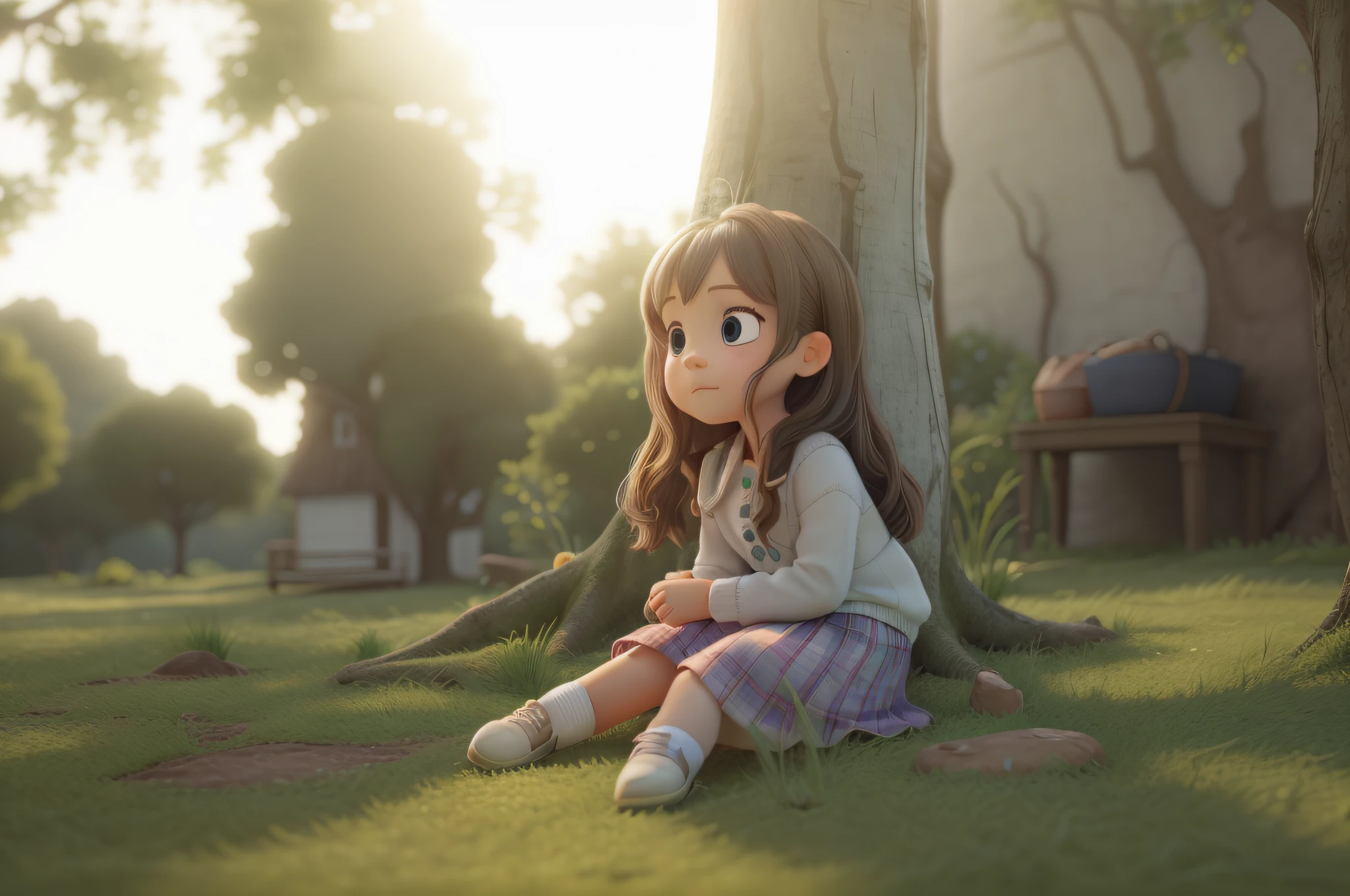 A about 8 years oldeaned against a large tree,holding doll,Black hair,Realistic fabrics,ultra realistic lighting,Ultra-realistic skin texture,Ultra-realistic natural light,Defocused,light particules,Fluttering hair,Super realistic wood grain,Ultra-realistic grass,Super realistic grass,Warm sunny tones,exteriors,great outdoors,Perfect big eyes,Ultra-real hair,Hair fluttering in the wind