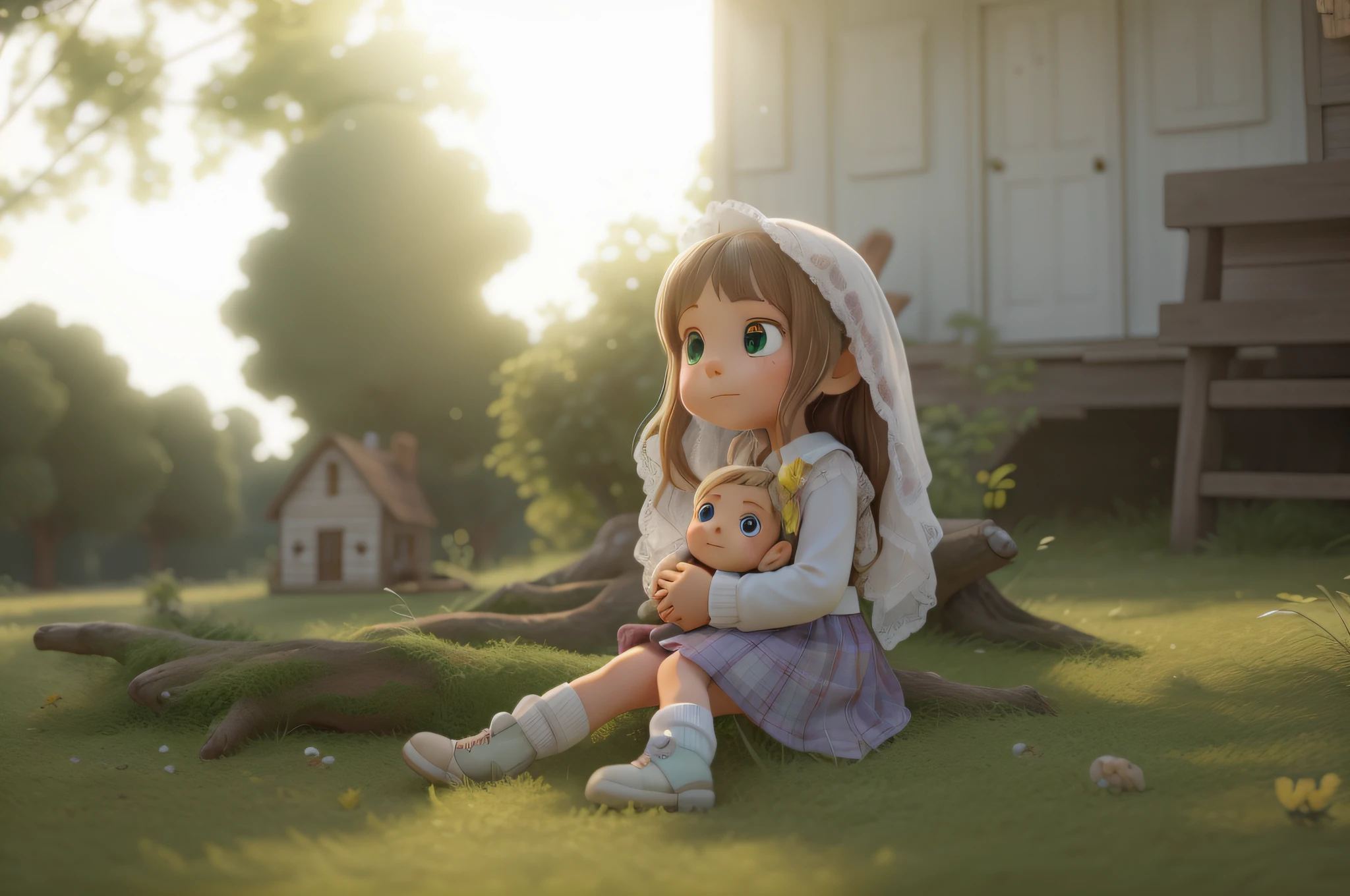 A little girl about 8 years old，The girl leaned against a large tree，holding doll，Black hair，Realistic fabrics，ultra realistic lighting，Ultra-realistic skin texture，Ultra-realistic natural light，Defocused，light particules，Fluttering hair，Super realistic wood grain，Ultra-realistic grass，Super realistic grass，Warm sunny tones，exteriors，great outdoors，Perfect big eyes，Ultra-real hair，Hair fluttering in the wind