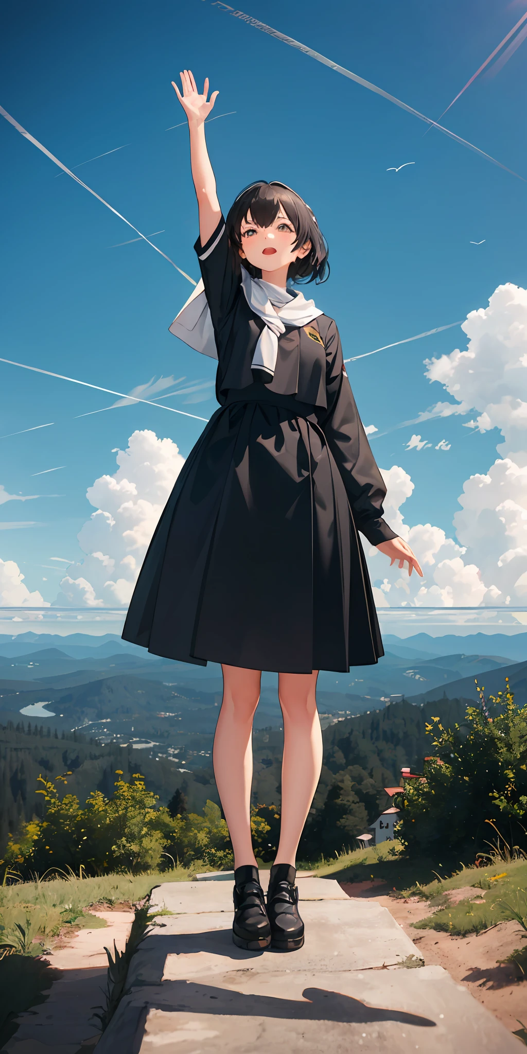 1girl standing on a hill with her hands in the air