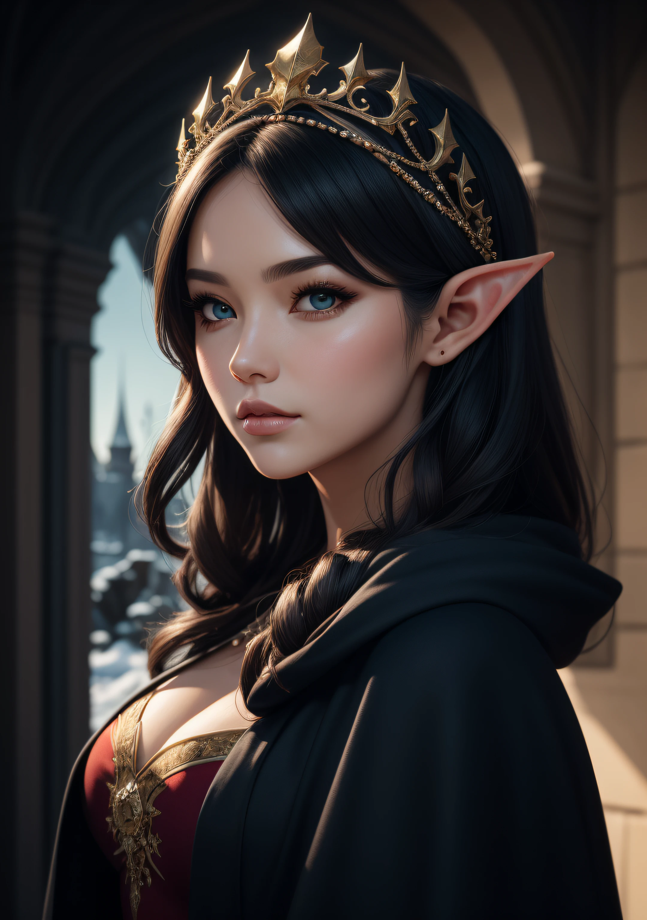 Woman with a tiara on her head and a navy blue winter cloak, snowflake brooch. long black hair. Winter queen, elf princess, portrait of an elf queen, elf queen, winter princess, an elf queen, artgerm in artstation pixiv, beautiful and elegant elf queen, iG model | artgerm, :: rossdraws, artwork in the style of guweiz, extremely detailed artgerm. full body, detailed background of a castle, hyper detailed, detailed face, sincere POV photo, by lee jeffries, nikon d850, film stock photography,4 kodak portra 400, f1.6 camera lens, rich colors, hyper realistic, realistic texture, dramatic lighting, cinestill 800