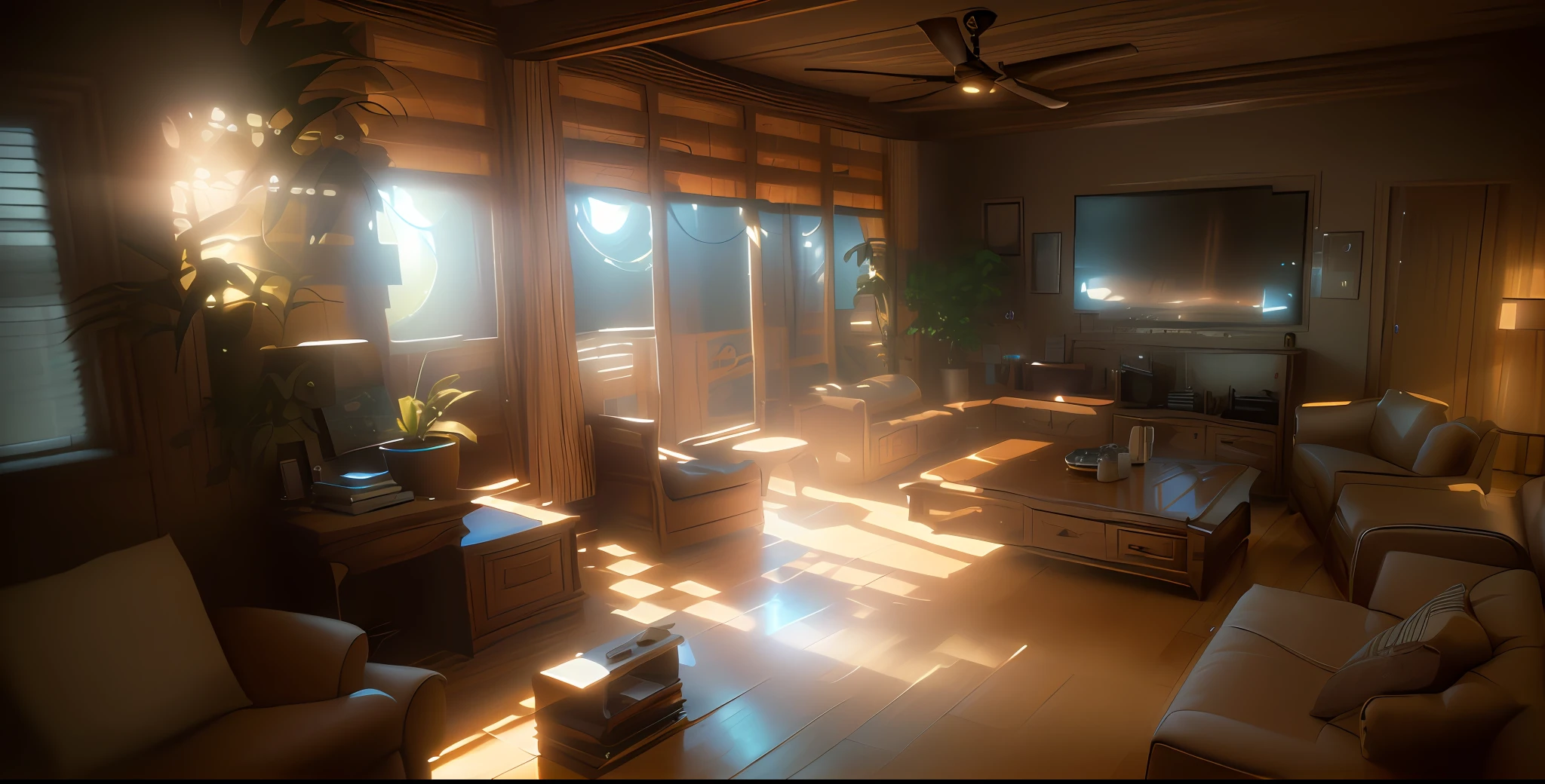 Sunlight shines through a window to a living room with a sofa and TV, realistic afternoon lighting, vibrant volumetric natural light, Motor irreal. retro film still, Fantastic lighting and shading, cinematic render unreal engine, Akihiko Yoshida. Motor irreal, realistic cinematic lighting, Soft cinematic lighting, cinematic unreal engine, detailed lighting and textures, Ray Tracing Global Illumination
