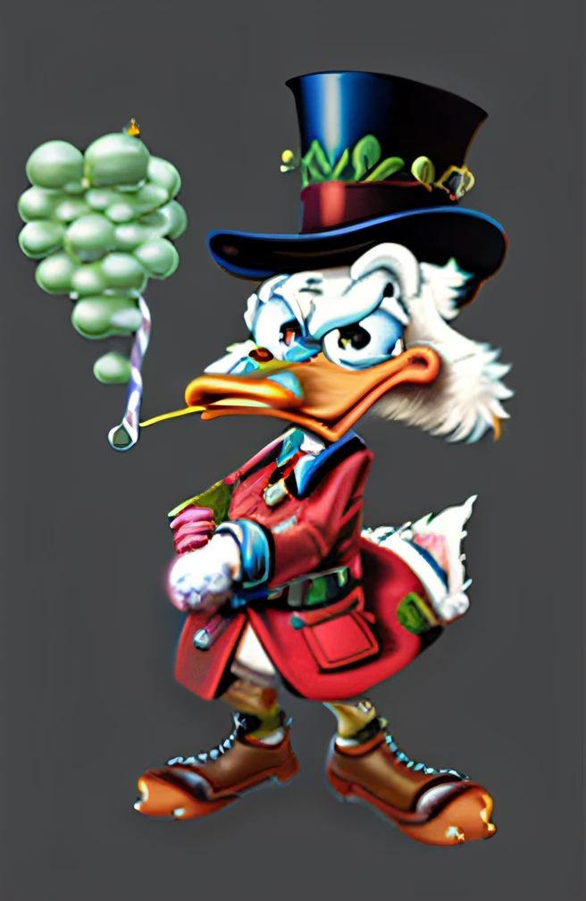 um close up de um pato de desenho animado usando uma cartola e segurando um cacho de uvas, Charlatanismo, inspirado em Jack Davis, estilo loony tunes, Directed by: Jack Davis, Ganso, Pato Donald, Kathy Zypato, estilo loony toons, retrato conceito do pato da fantasia, Alberto Uderzo, Iconic character of high detail, Assunto= pato, quack medicine, pato