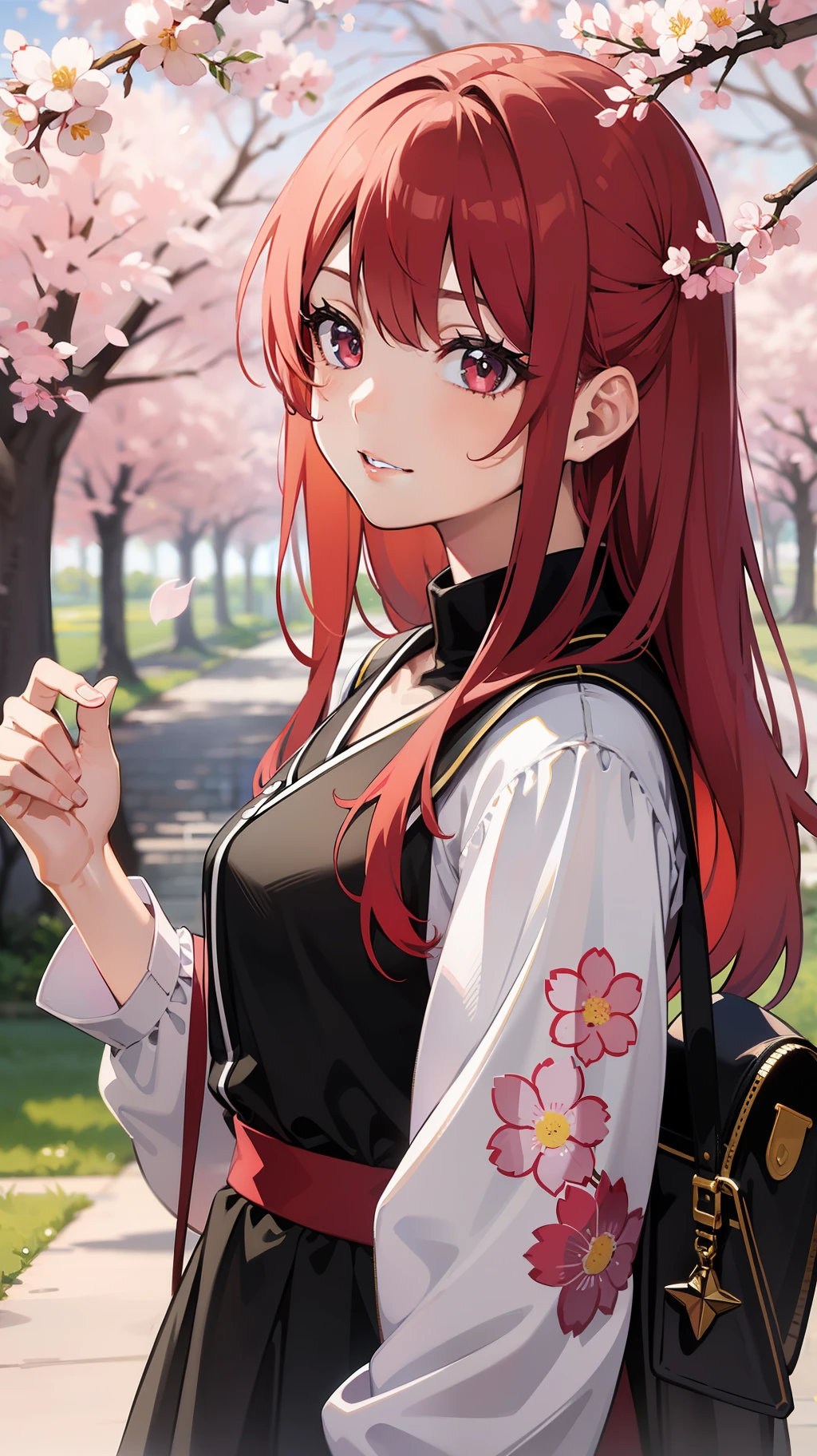 a girl with red hair is standing in front of a cherry blossom tree, a detailed painting by Kobayashi Kiyochika, featured on pixiv, remodernism, official art, anime, anime aesthetic