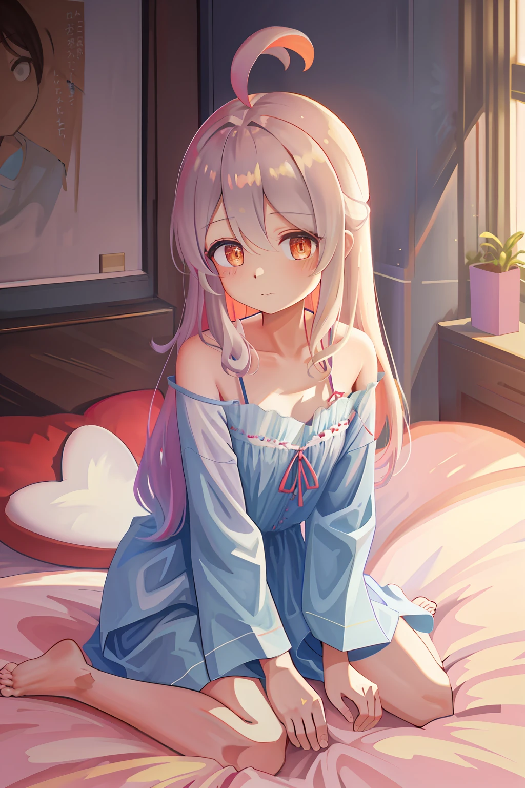 (tmasterpiece,best qualtiy,high qulity,A high resolution:1.4),the detail,The is very detailed,ambient soft lighting,4K,(Very detailed eyes:1.2), (Ganyu):1.4), 1girll, Be red in the face, is shy, full bodyesbian, closeup cleavage, (Bedrooms:1.2), (wariza:1.4), (angle of view:1.4), (headpat:1.4), (natta:1.4), can't be this cute, (Blue pajamas:1.2), from the above, Speaking heart, The barefoot,