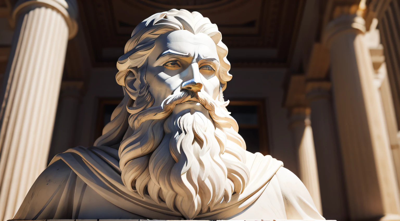 White marble statue of wise man with beard Greek philosopher style in museum. Atmosfera dark, ato contraste de u e sombra, fotografia profissional, utra realista