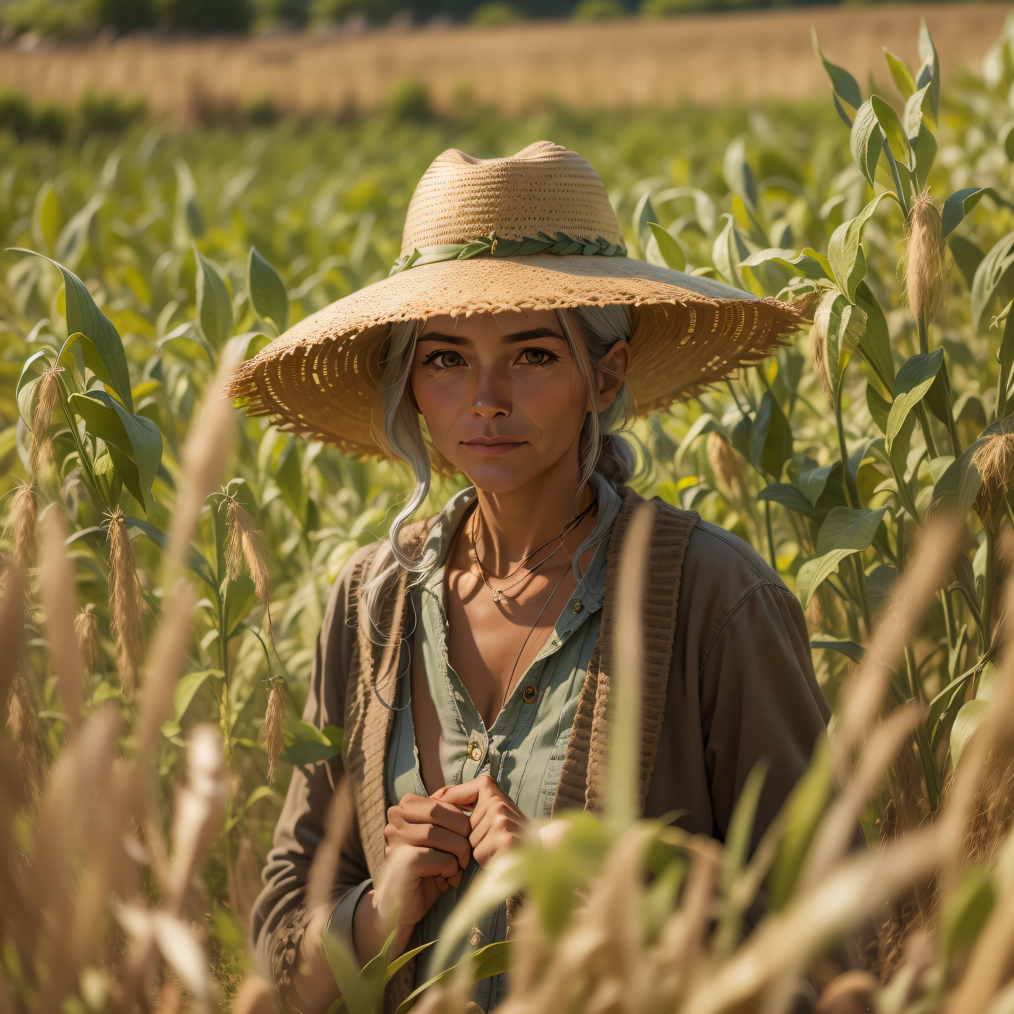 Immerse yourself in the tranquility of a rustic farm while Jane, uma agricultora carinhosa, cuida de uma colheita abundante. With his aged straw hat and worn boots, She cultivates rows of sun-kissed crops, surrounded by lush golden fields that stretch towards the horizon.