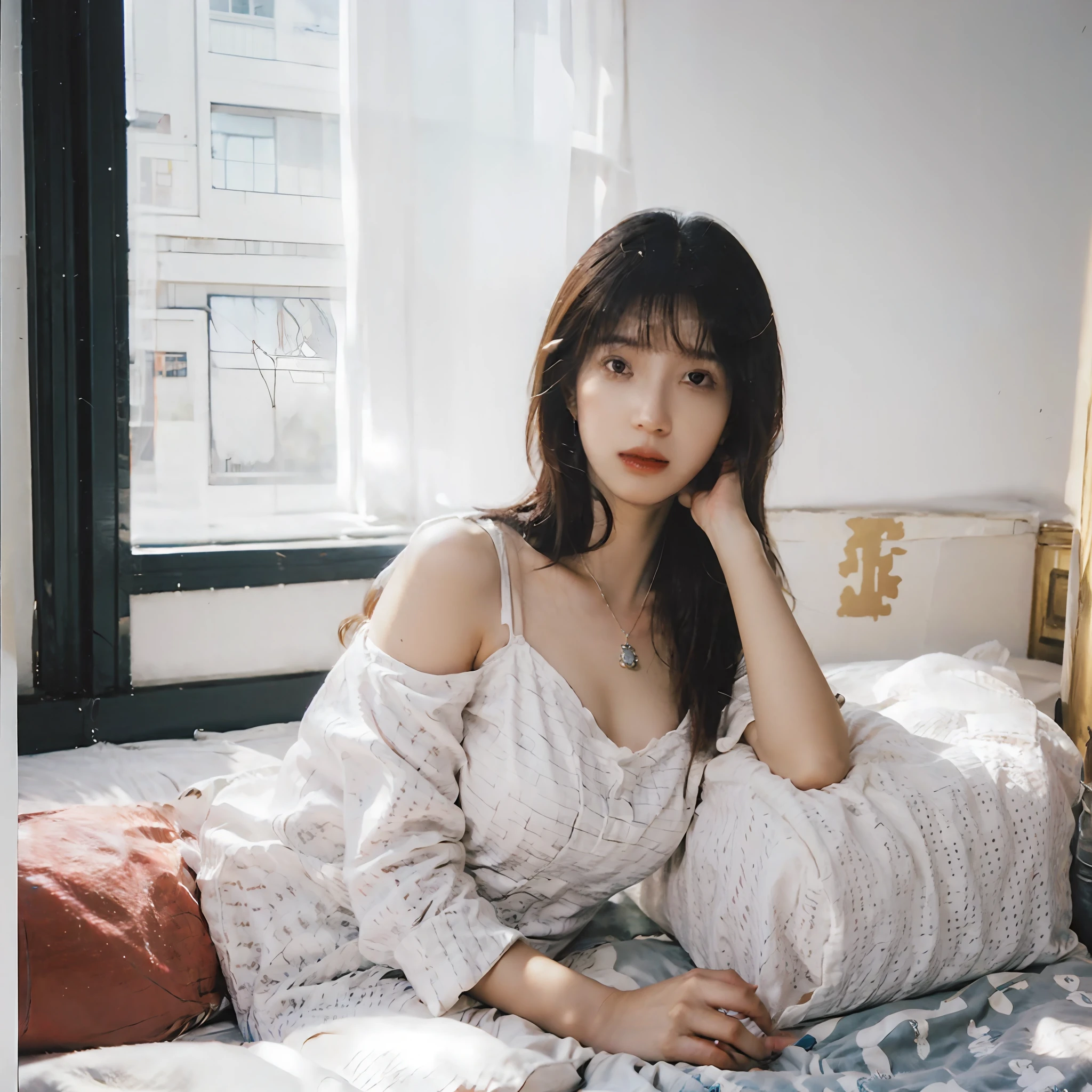 best quality,materpiece,(realistic:1.3),detailed skin,close up,studio light,white background,1 girl,(full body:1.3),long hair,light red hair,floating hair,Earrings,Necklace,jewely,looking at viewer,feather hair ornament,light lipstick,shadow,